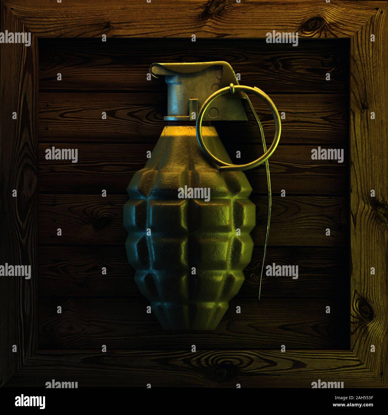 Hand grenade on wood. 3d render Stock Photo