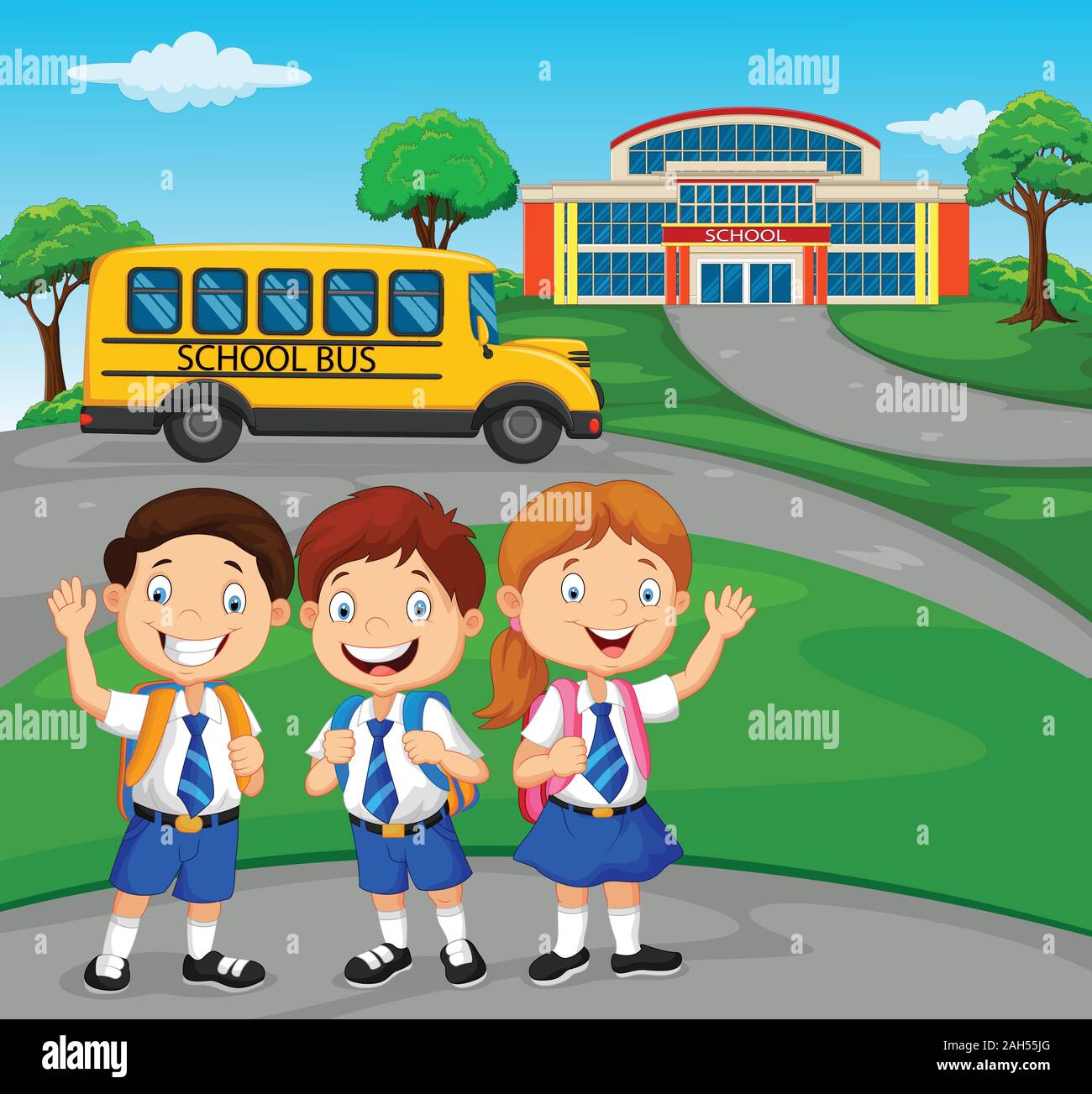 Happy school children in front of the school Stock Vector Image & Art ...