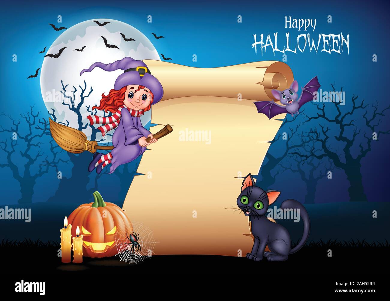 Cartoon little witch flying on a broomstick with halloween background ...