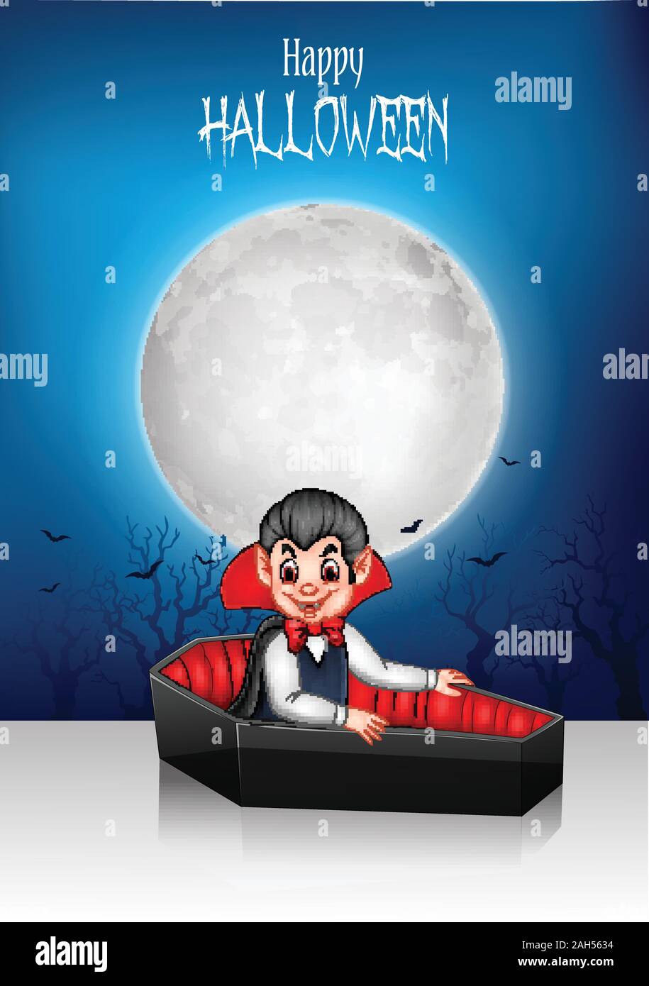 Cartoon happy vampire in his coffin with halloween background Stock ...