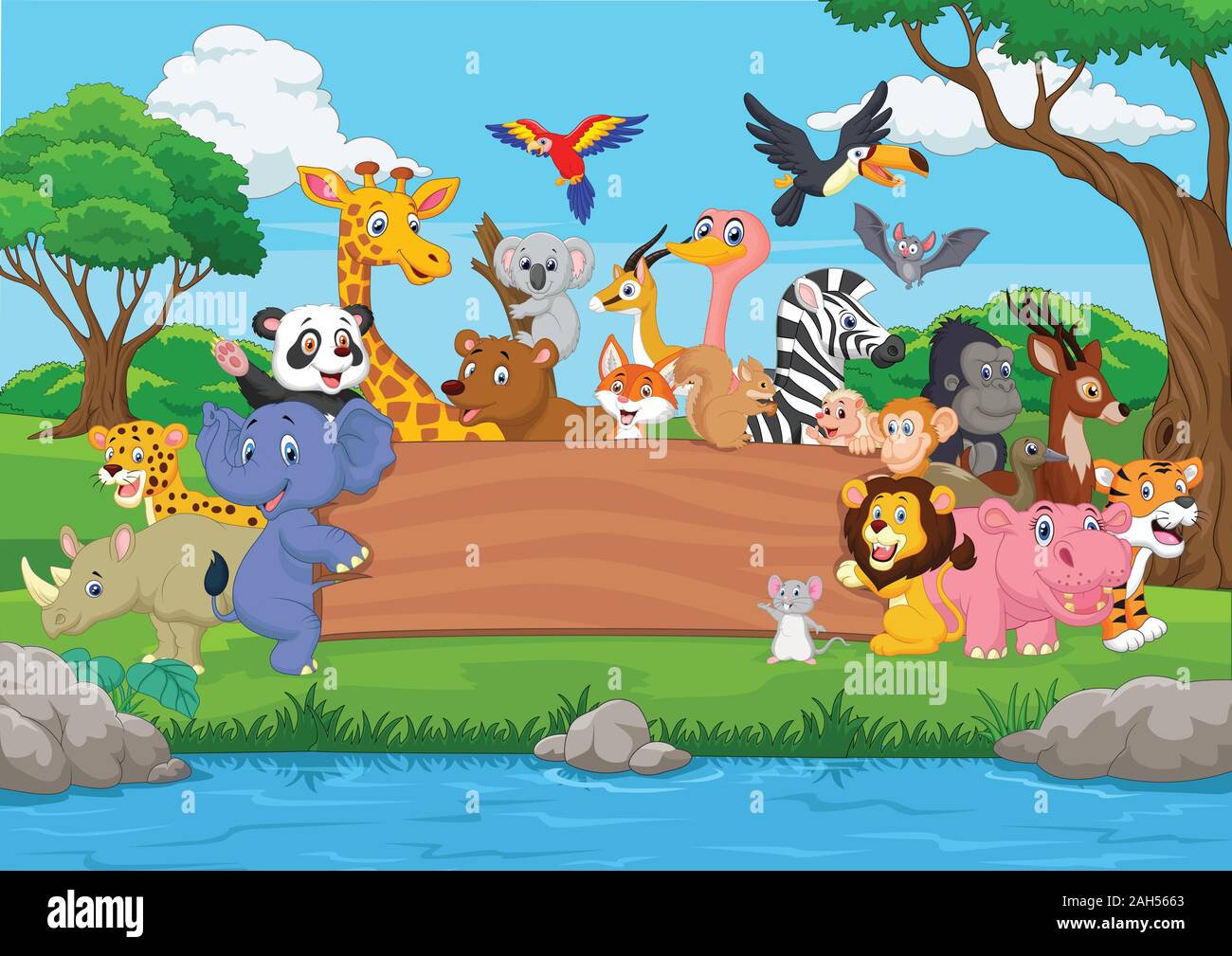 Cartoon wild animal with blank board in the jungle Stock Vector Image ...