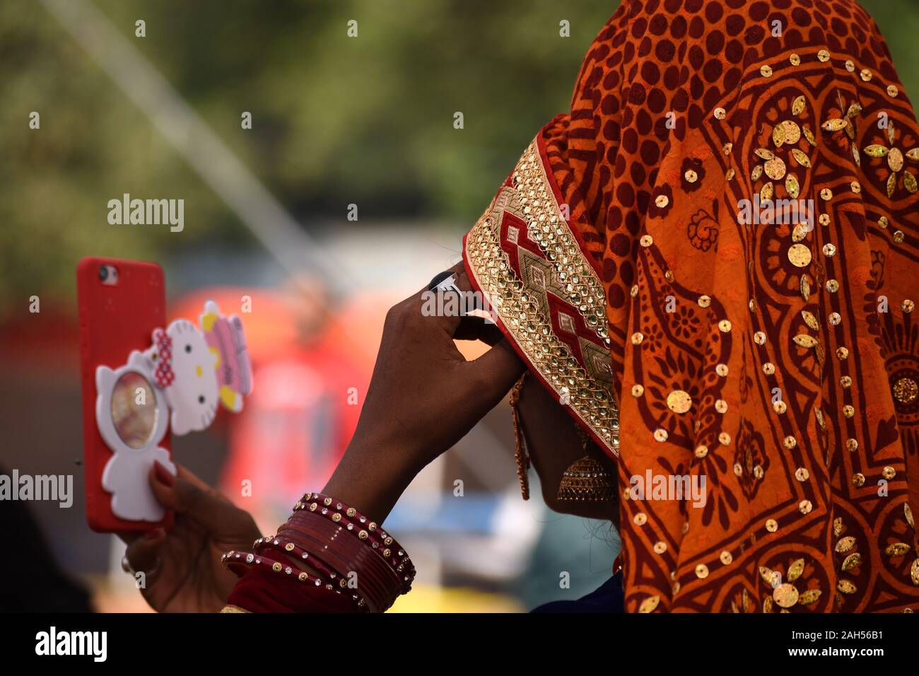 A female folk artist before her performance at the 11th National Crafts Mela. Stock Photo