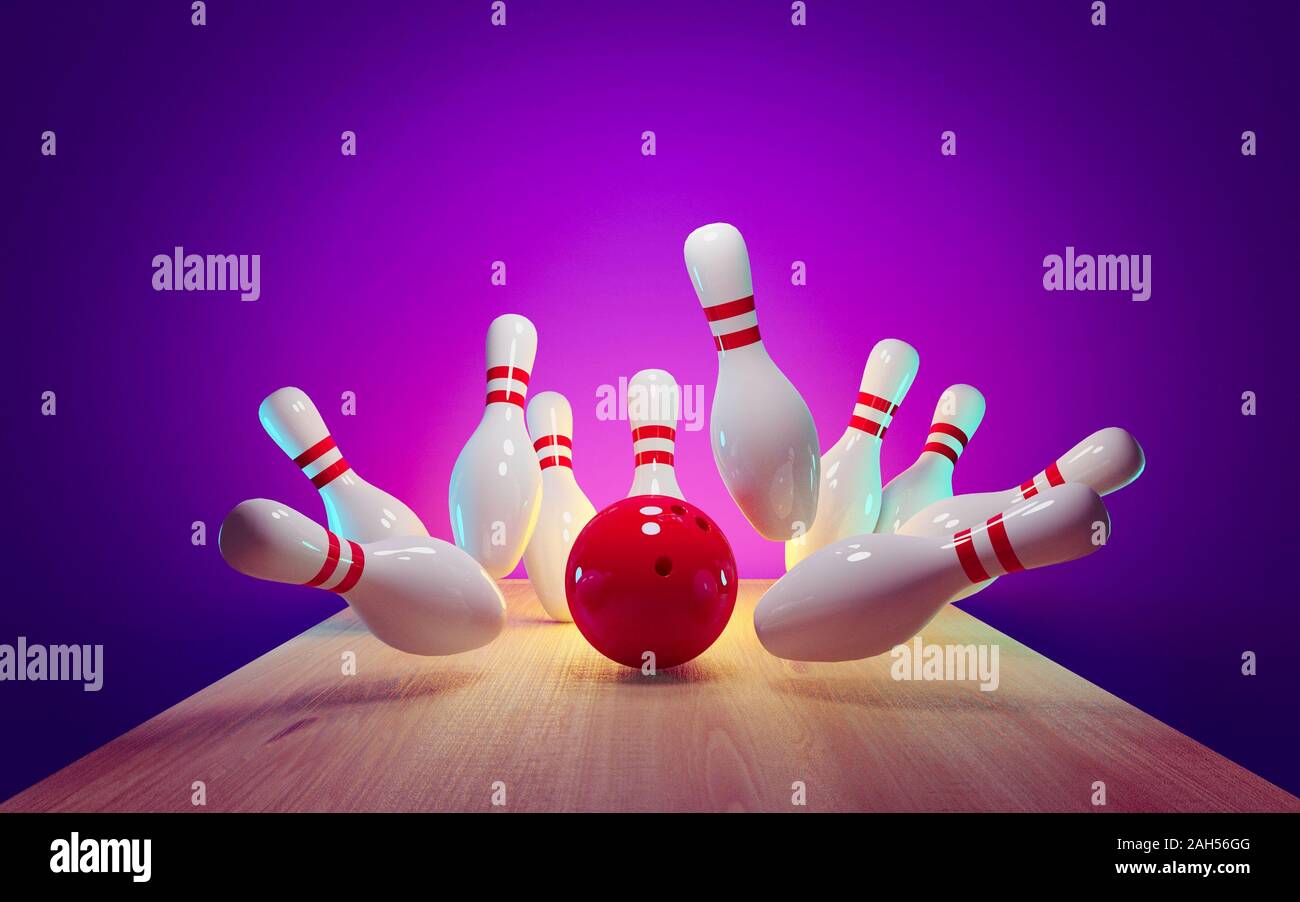 Bowling strike - ball hitting pins in the alley 3d render Stock Photo ...