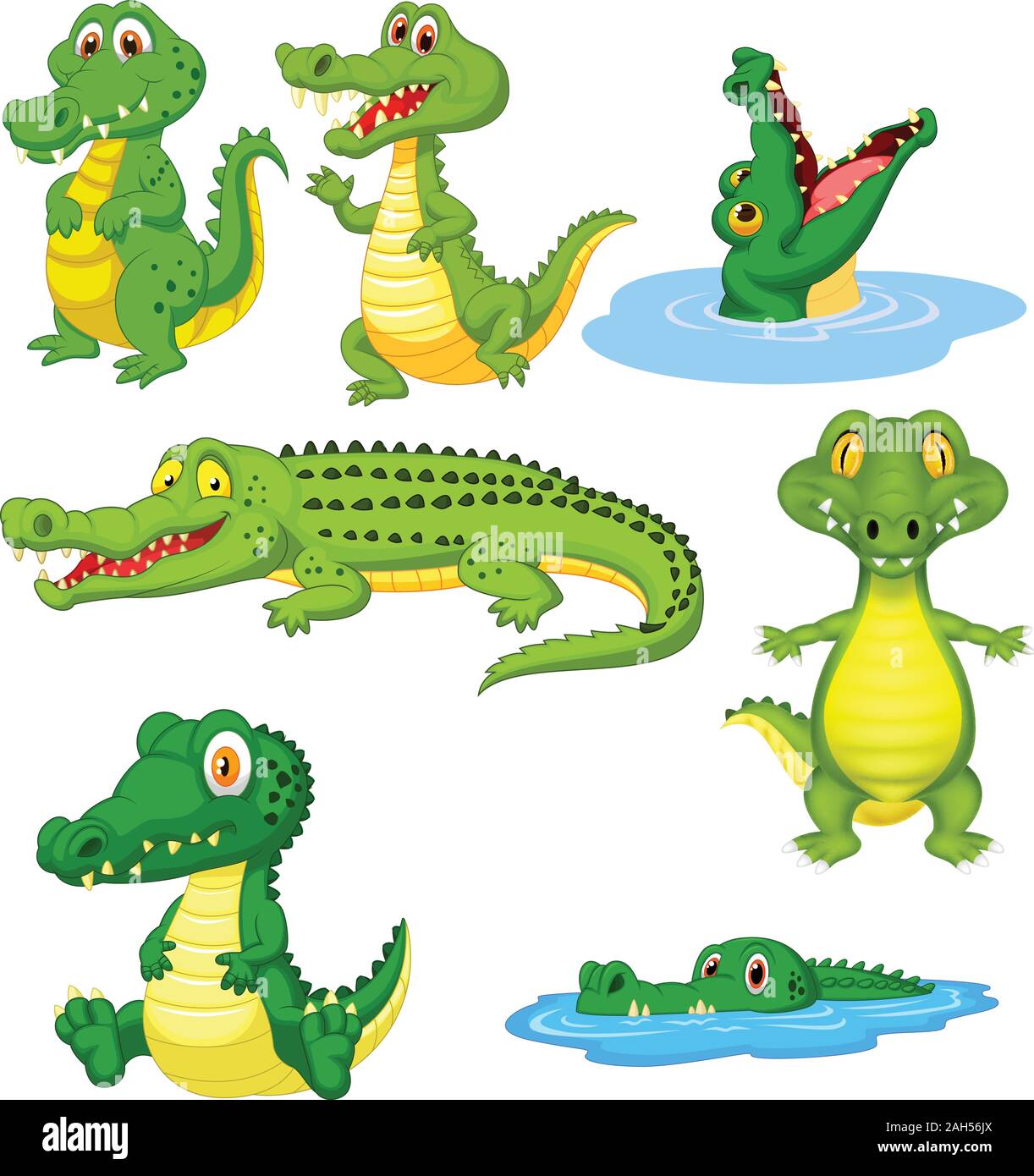 Cartoon green crocodile collection set Stock Vector