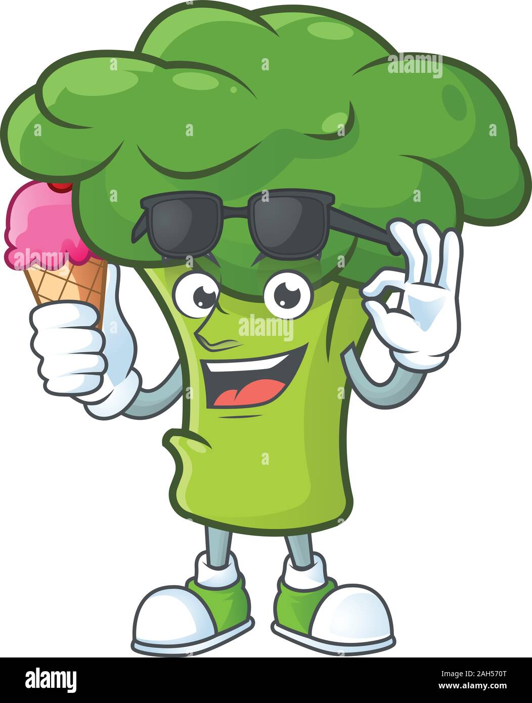 Cute green broccoli cartoon character with ice cream Stock Vector Image