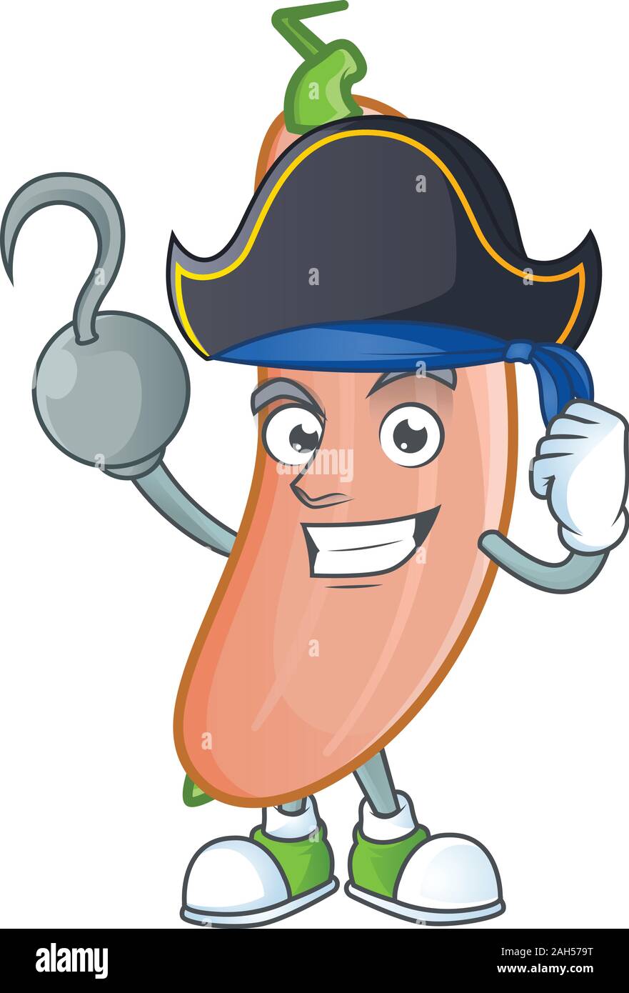 one hand Pirate banana squash cartoon character wearing hat Stock