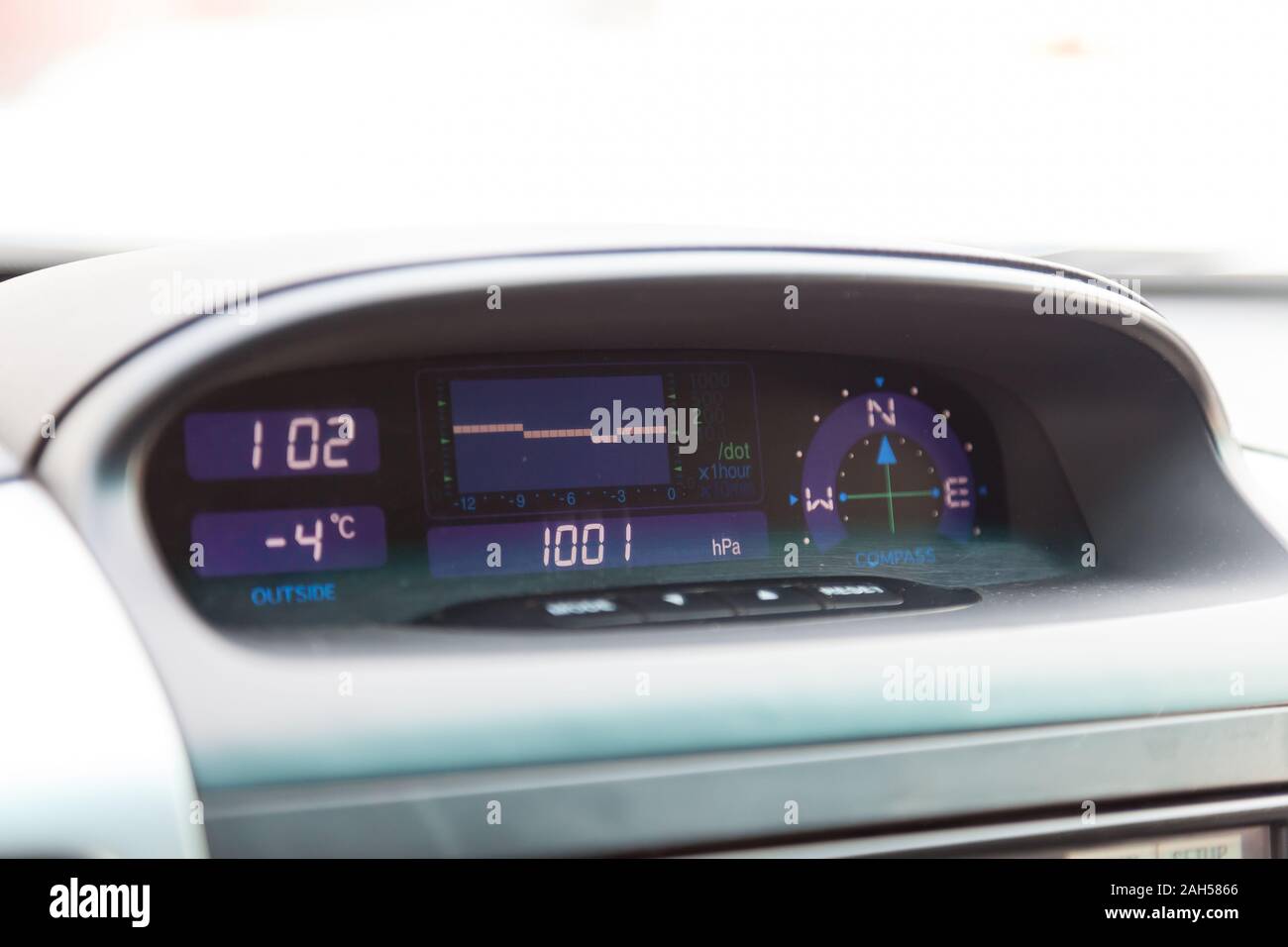 Novosibirsk, Russia - 12.19.2019: View to the gray interior of toyota Land Cruiser prado 120 with dashboard, compas and barometer panel after cleaning Stock Photo