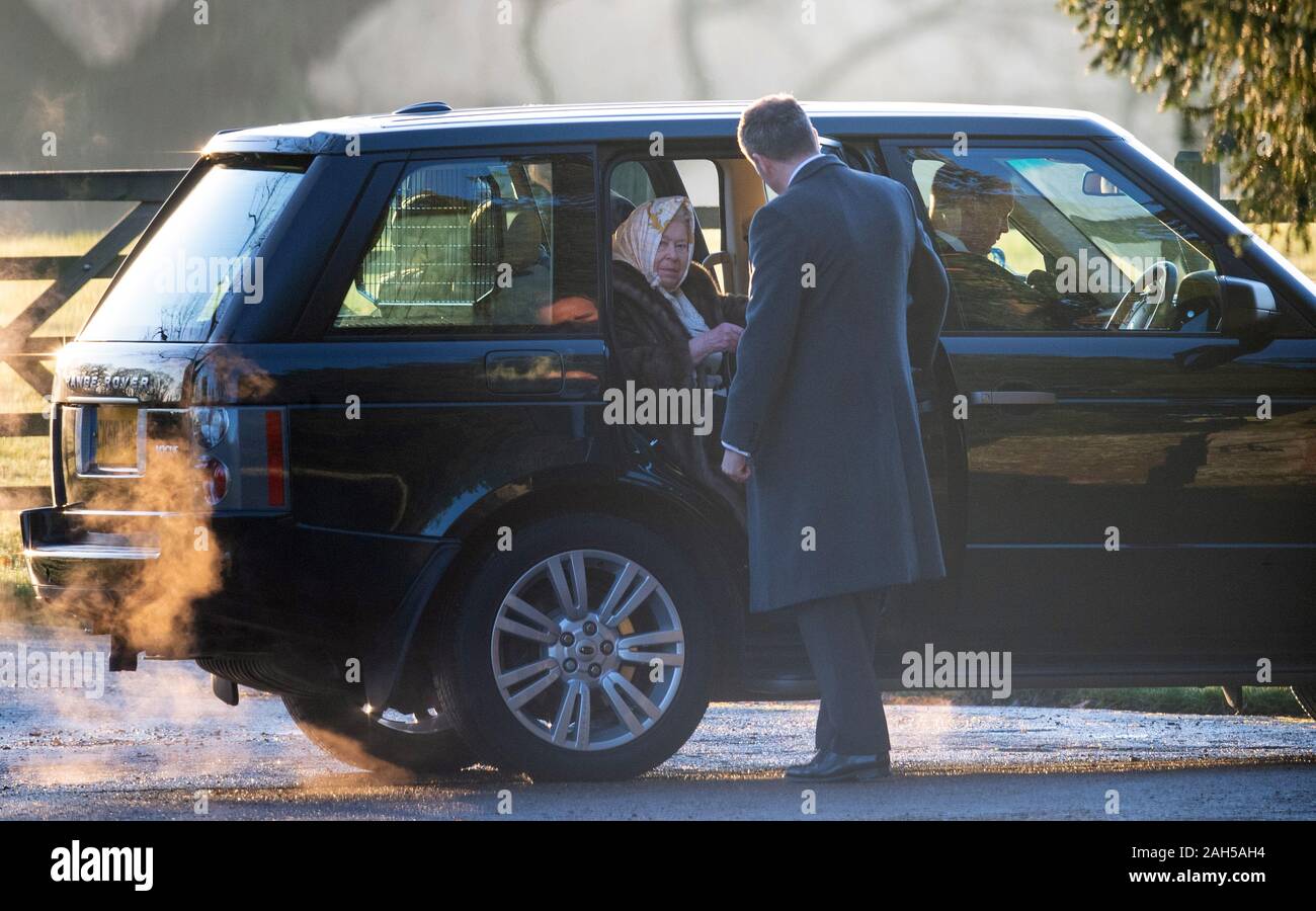 Queen Elizabeth II arriving to attend a church service at St Mary Magdalene Church in Sandringham, Norfolk. Stock Photo