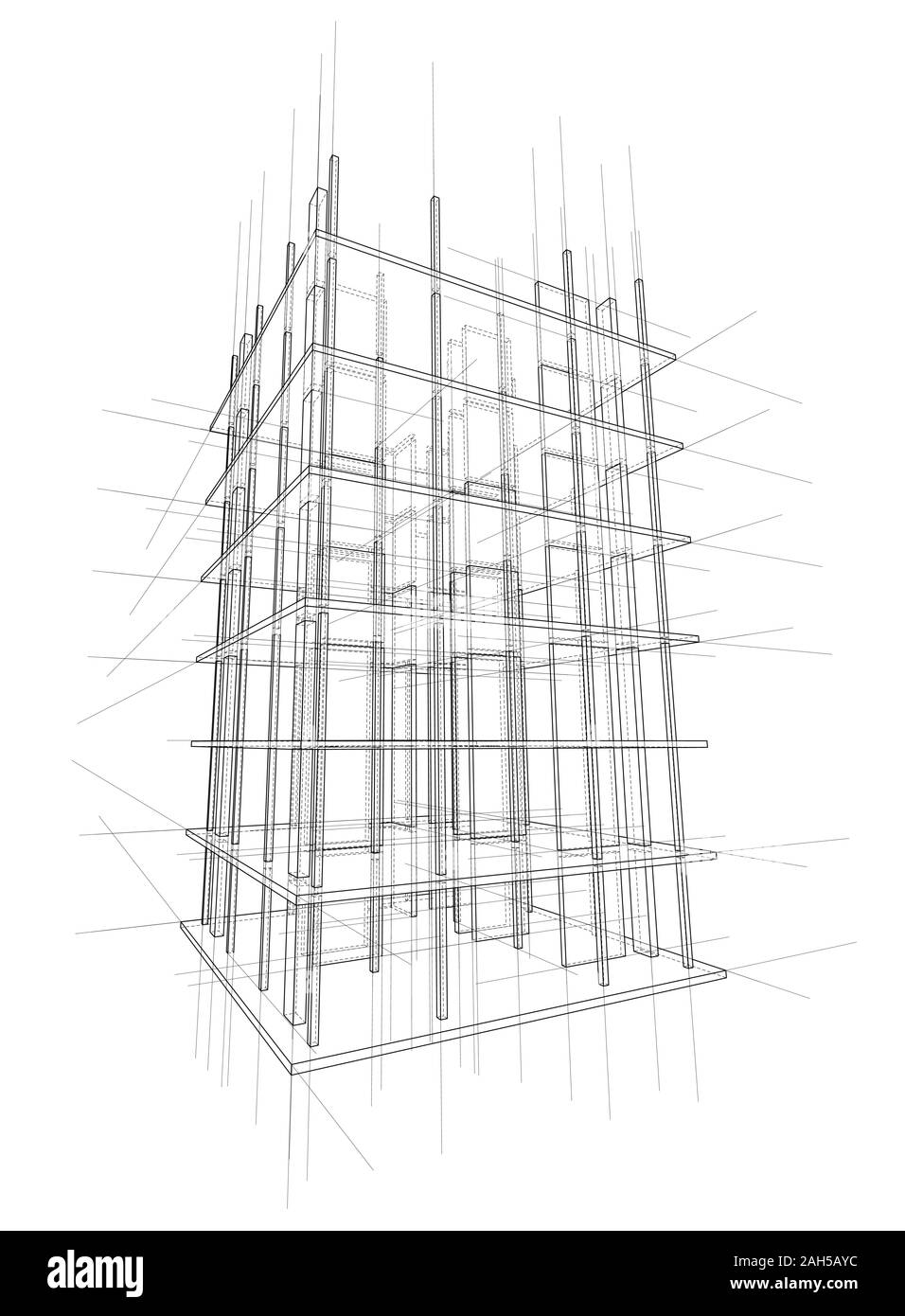 Drawing or sketch of a house under construction. Construction site. Main line, back contour and auxiliary lines. Vector made from 3d. Stock Vector