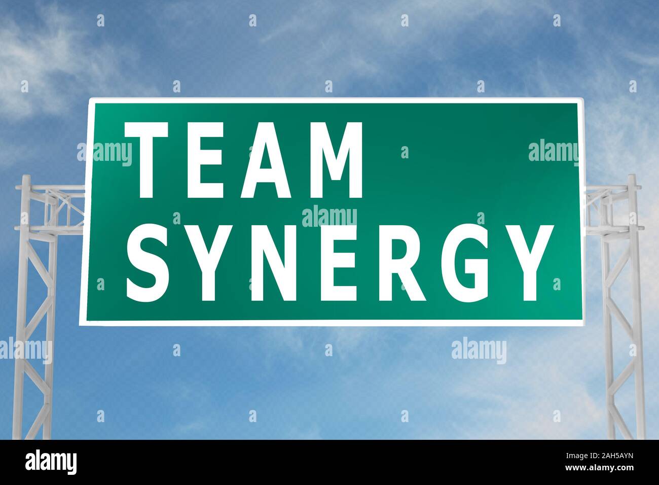 3D illustration of TEAM SYNERGY script on road sign Stock Photo Alamy