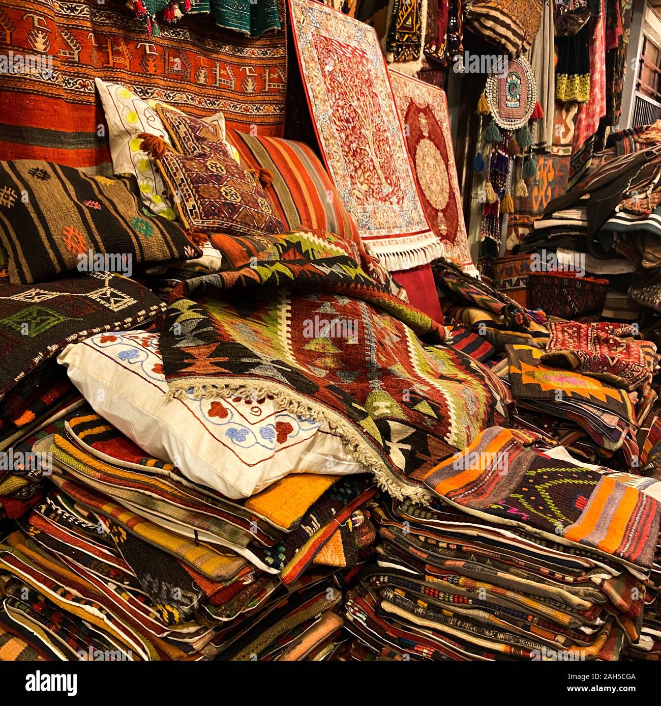 Turkish rugs and pillows with national patterns. Background from