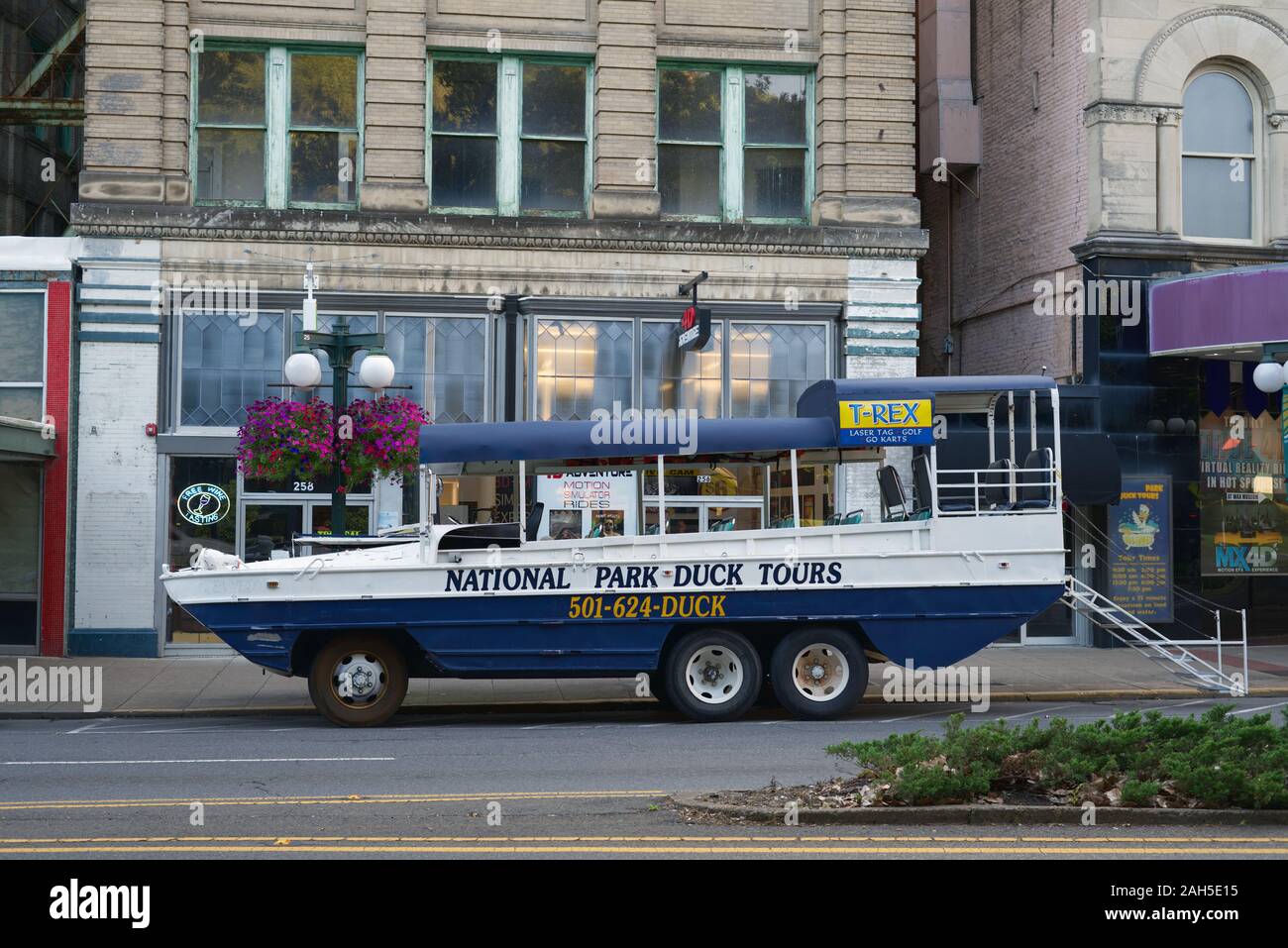 Amphibious Duck truck vehicle in downtown Hot Springs, Arkansas, USA. Tourist land and water transportation Duck Tours in Hot Springs National Park. Stock Photo