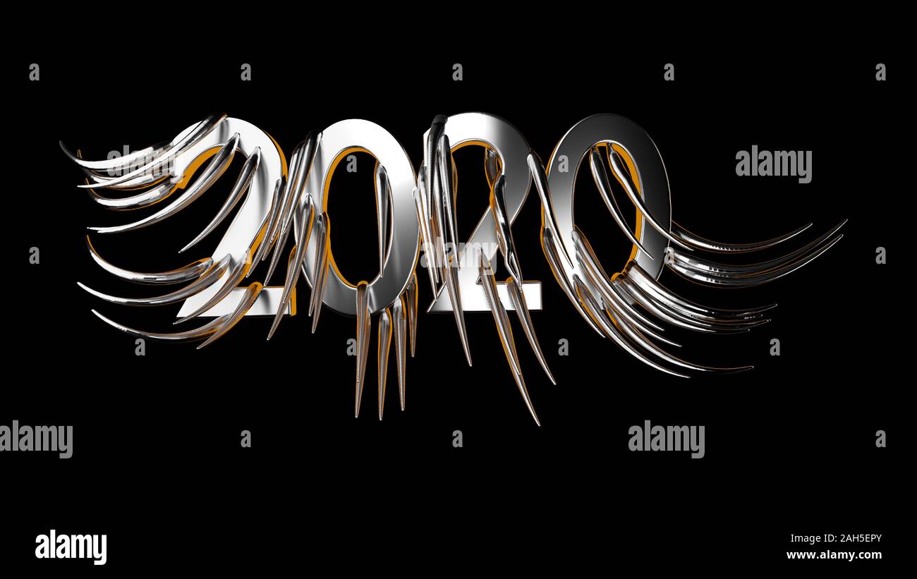 Happiness for the New Year 2020 lettering made by metal cast and. The surface is covered with sharp spikes Isolated on black background 3d illustratio Stock Photo