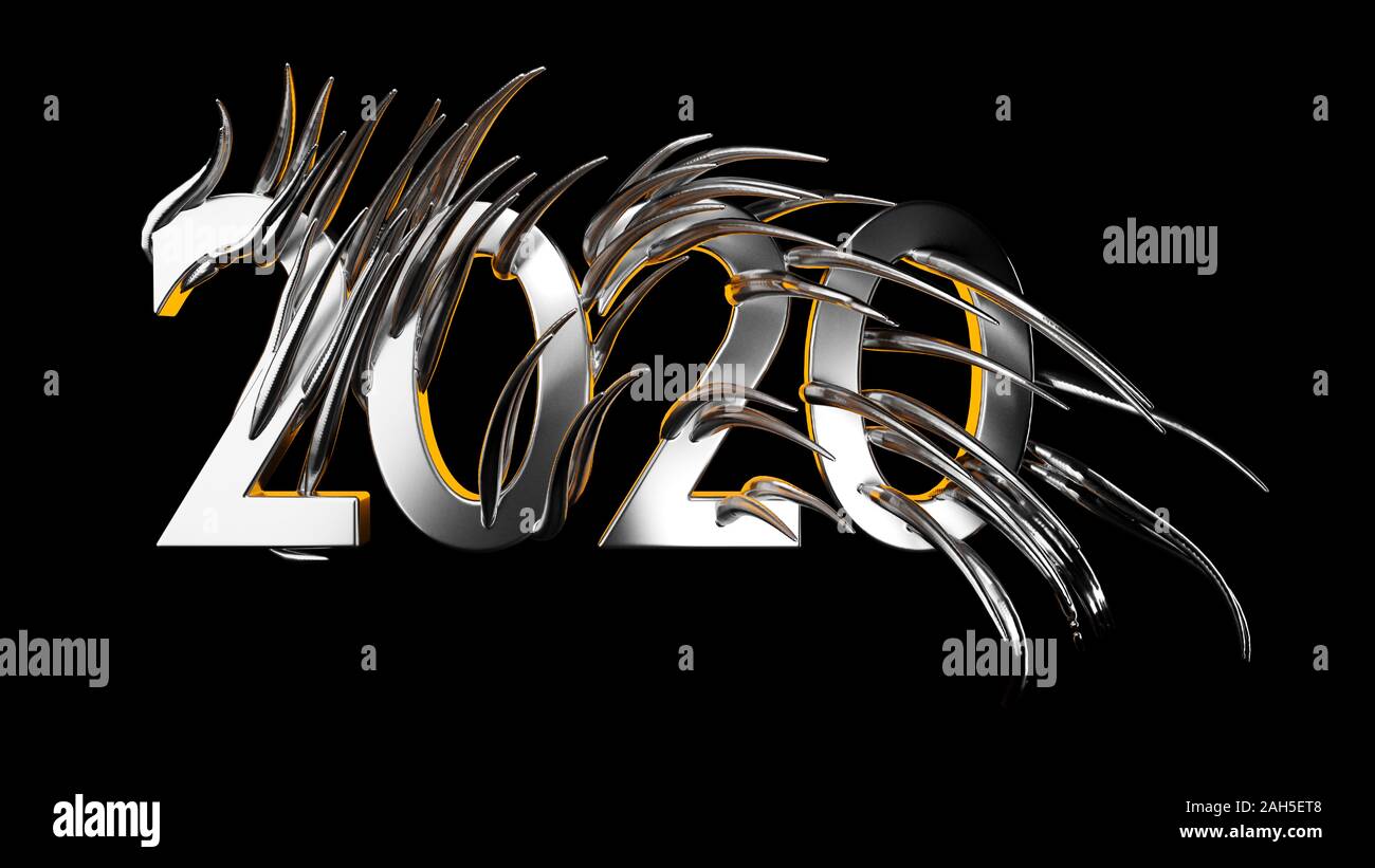Happiness for the New Year 2020 lettering made by metal cast and. The surface is covered with sharp spikes Isolated on black background 3d illustratio Stock Photo