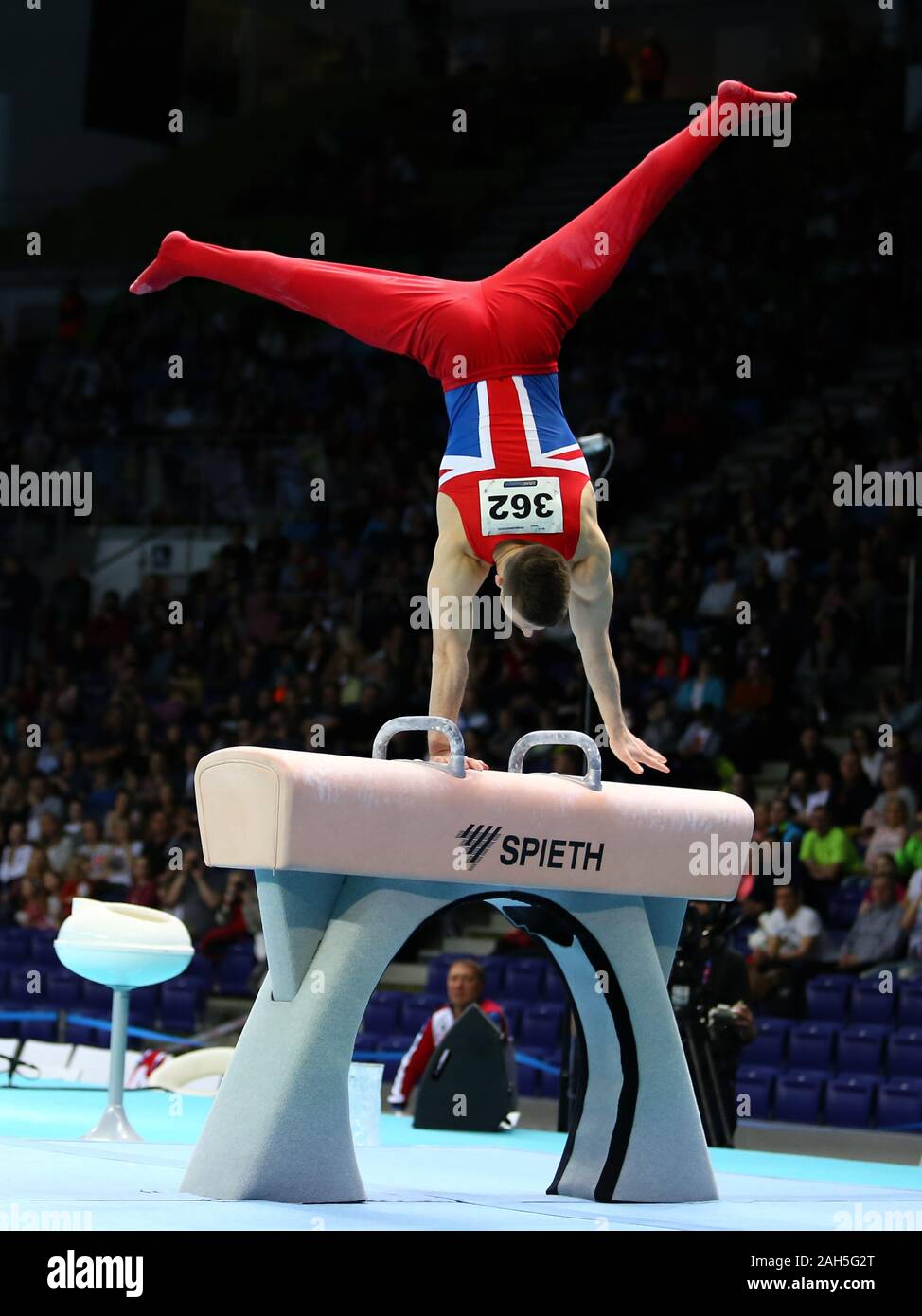 Szczecin, Poland, April 13, 2019: Max Whitlock of Great Britain competes on the pommel horse during the European gymnastics championships 2019 Stock Photo