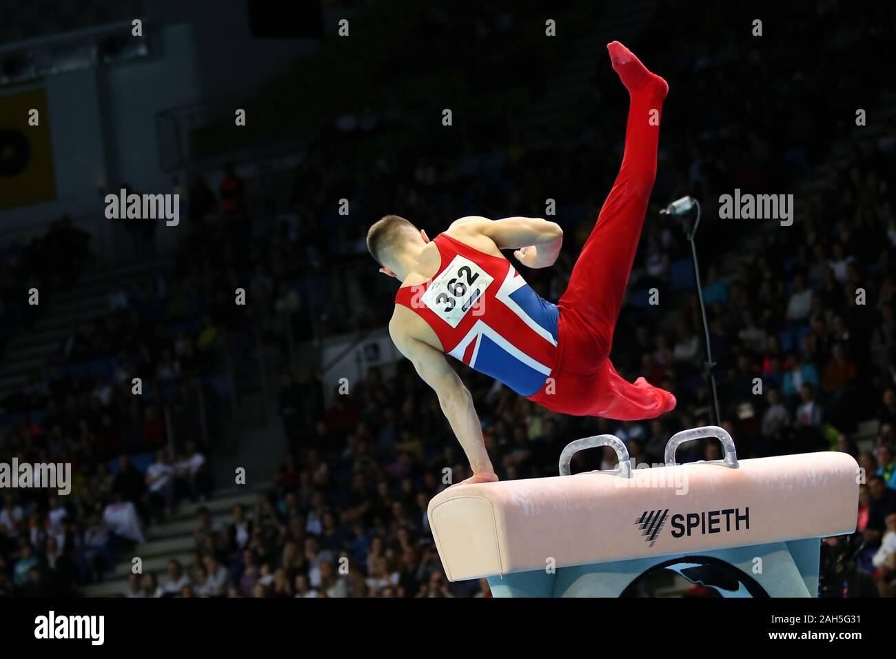 Szczecin, Poland, April 13, 2019: British athlete Max Whitlock competes on the pommel horse during the artistic gymnastics championships Stock Photo