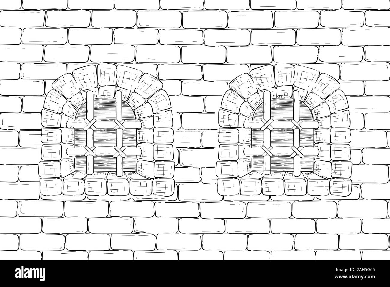 Old brick wall with barred windows. Hand drawing, vintage sketch Stock Vector
