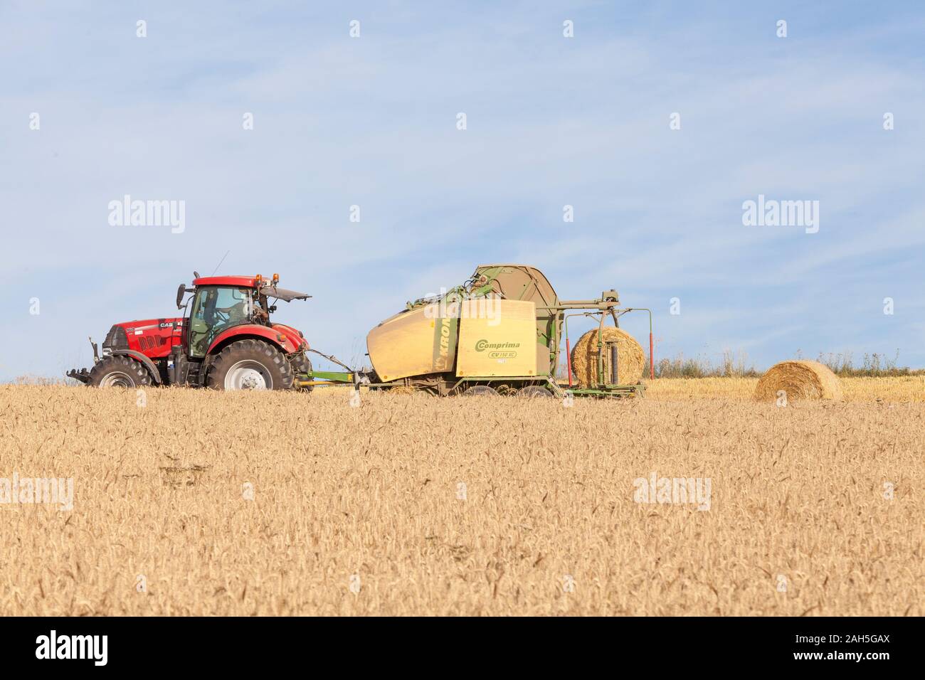 Farmer baling wheat bales with a Krone Comprima CV 150 XC baler and Case Puma 160 tractor during harvesting of the cereal crop in evening light Stock Photo