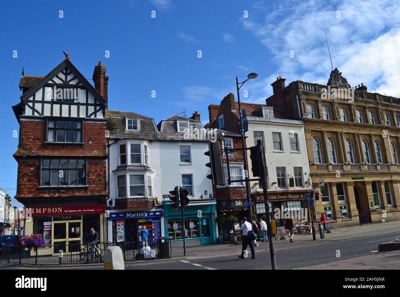 Shops on Blue Boar Row, Salisbury City Centre, Wiltshire, UK Stock Photo