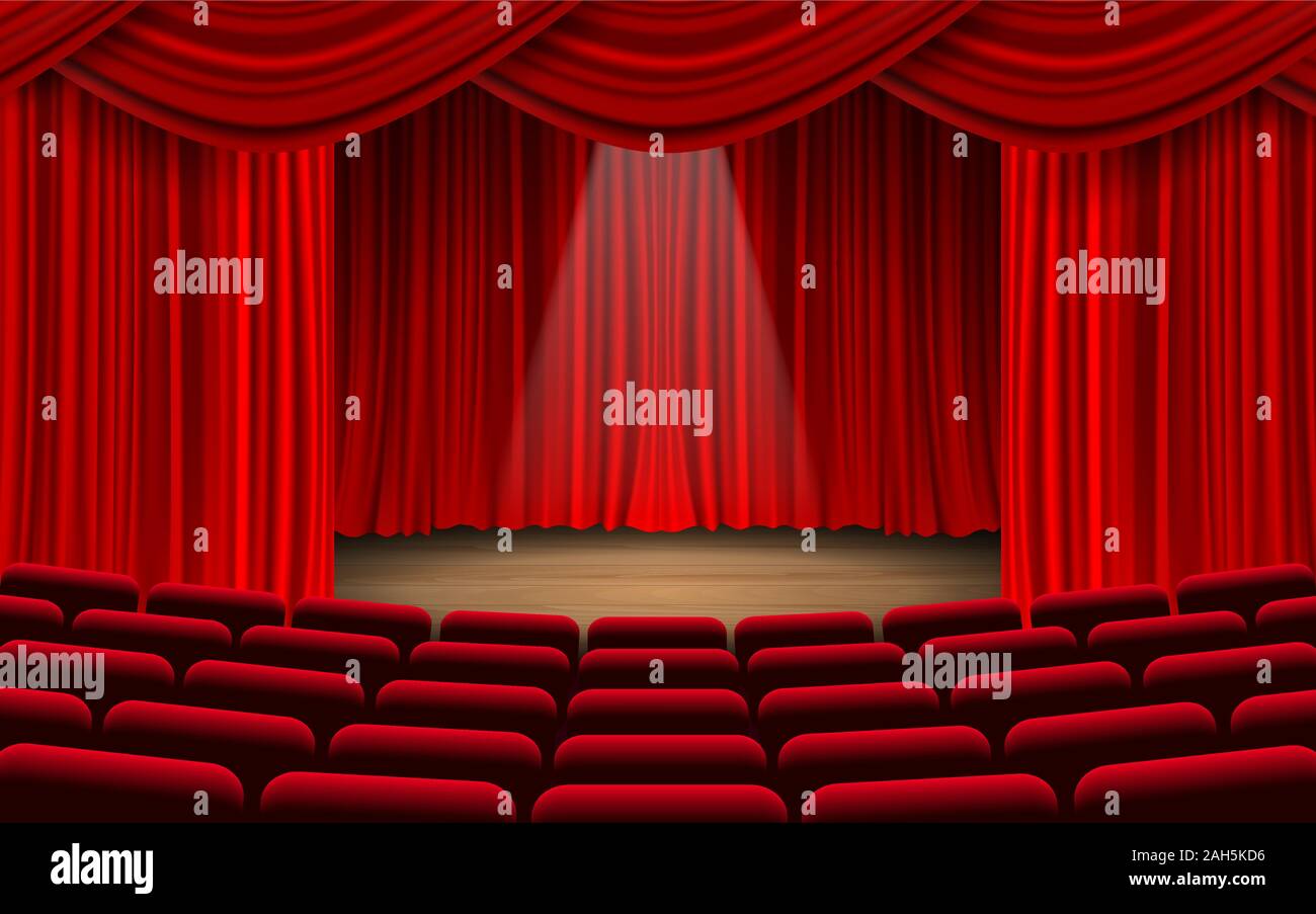 red chairs and red curtain on the stage in the hall Stock Vector