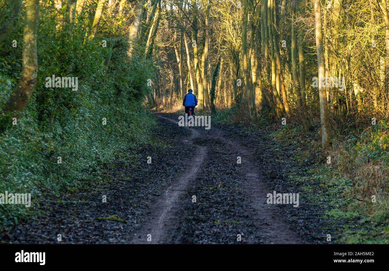 East Lothian, Scotland, United Kingdom, 25th December 2019. Christmas day exercise on the Haddington to Longniddry railway path with a cyclist riding through the mud Stock Photo