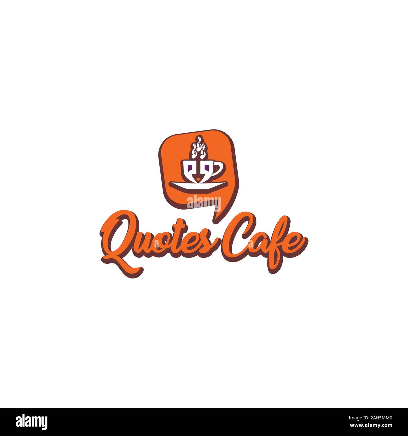 Quotes Cafe Logo Design Template, Call Out Logo Concept, Quotation Mark Element, Gray, Orange, Coffee Cup Icon Stock Vector
