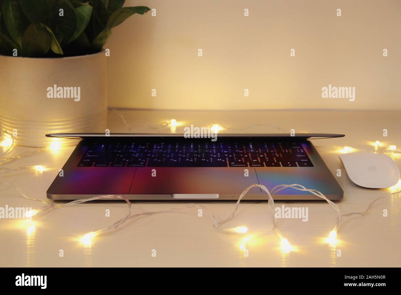 Kyiv Ukraine Modern Macbook Laptop Computer Apple Magic Mouse On White In Interior With Domestic Plants And Bokeh Technologies Online Trends Wo Stock Photo Alamy