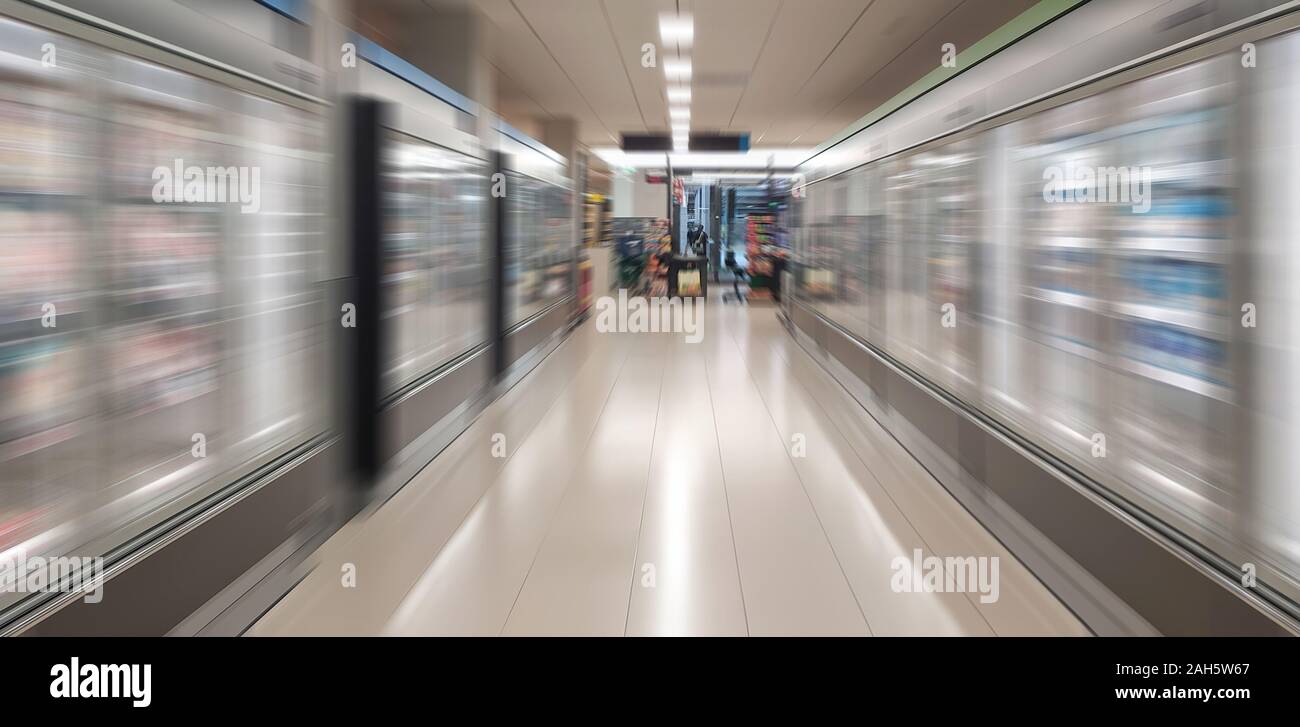 Supermarket blur effect for background, frozen section, feeling of speed or stress Stock Photo