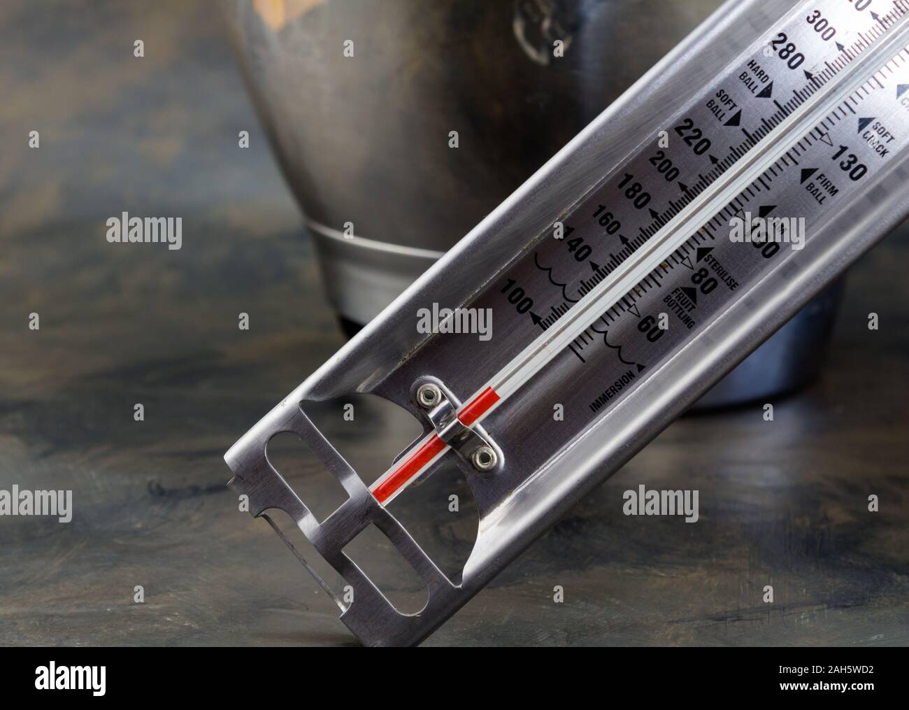 https://c8.alamy.com/comp/2AH5WD2/candy-thermometer-in-front-of-stainless-steel-mixing-bowl-on-grey-mottled-kitchen-surface-with-space-for-text-on-the-side-of-photo-2AH5WD2.jpg