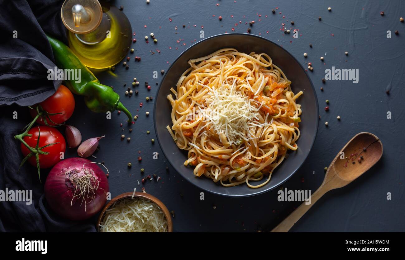noodles, pasta with homemade tomato sauce, ingredients for tomato stir