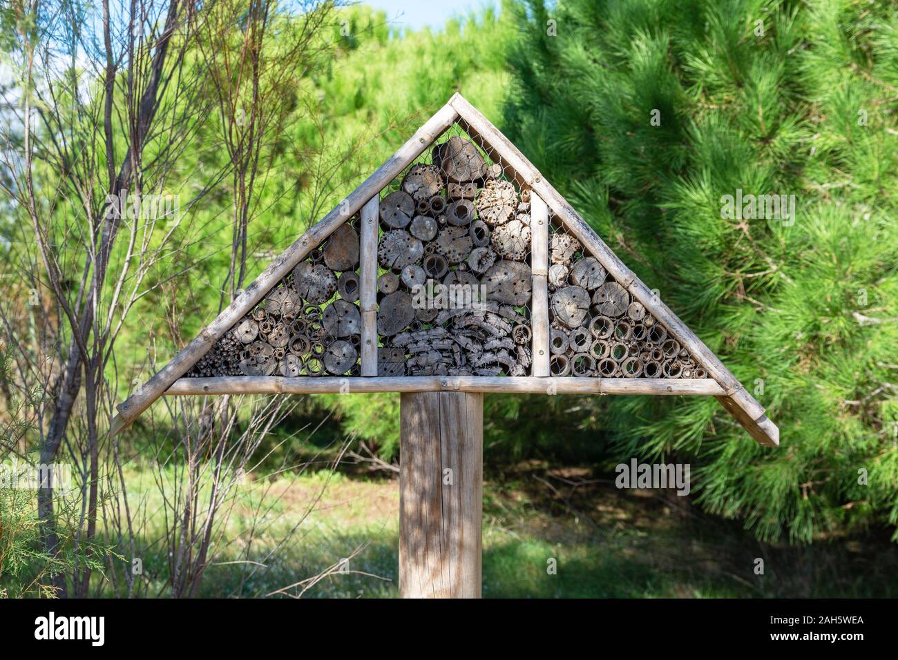 Insect house in the countryside, nature reserve, ecosystem protection Stock Photo