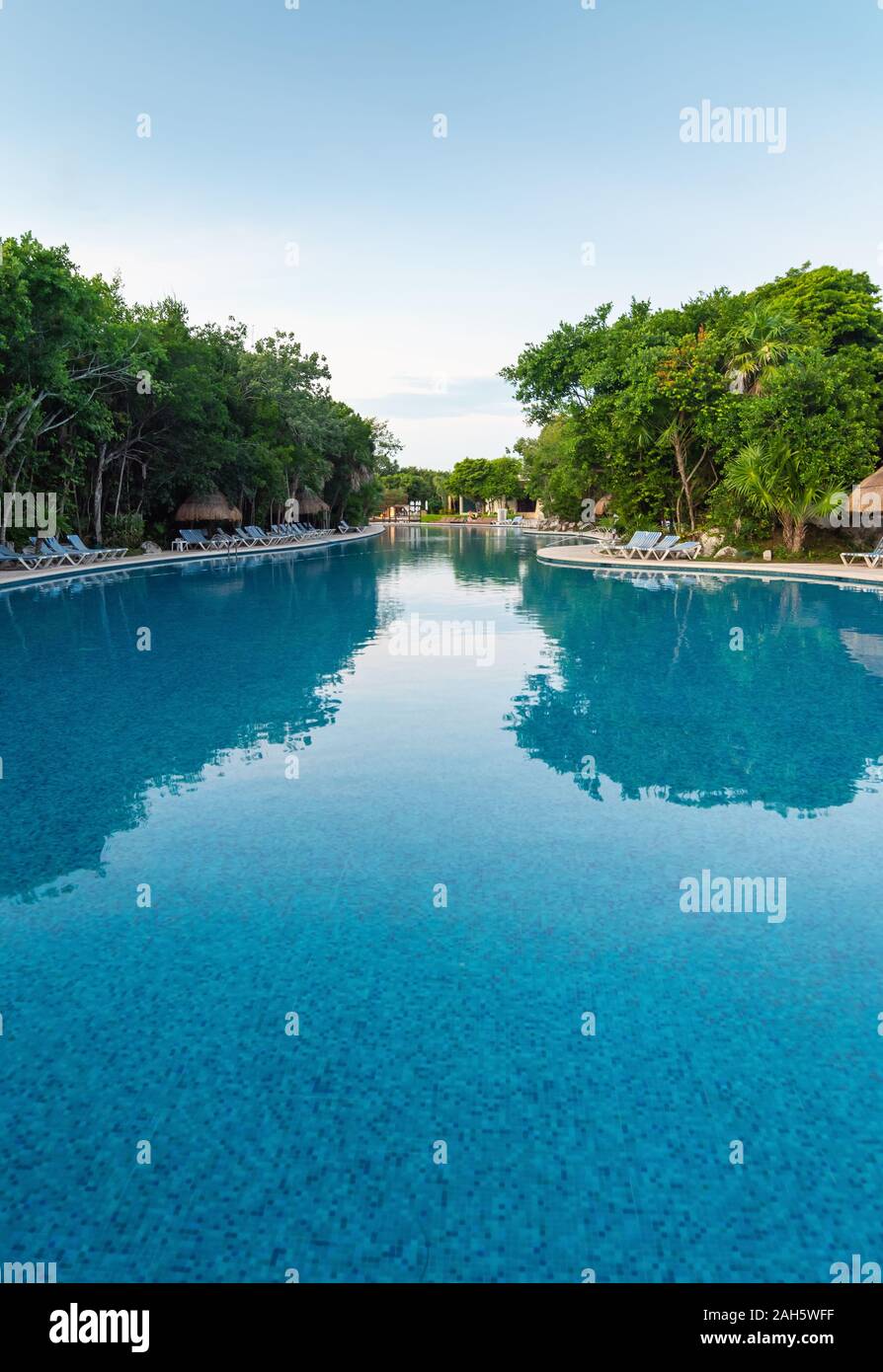 Large pool early in the morning with palm trees and sun loungers, not people Stock Photo
