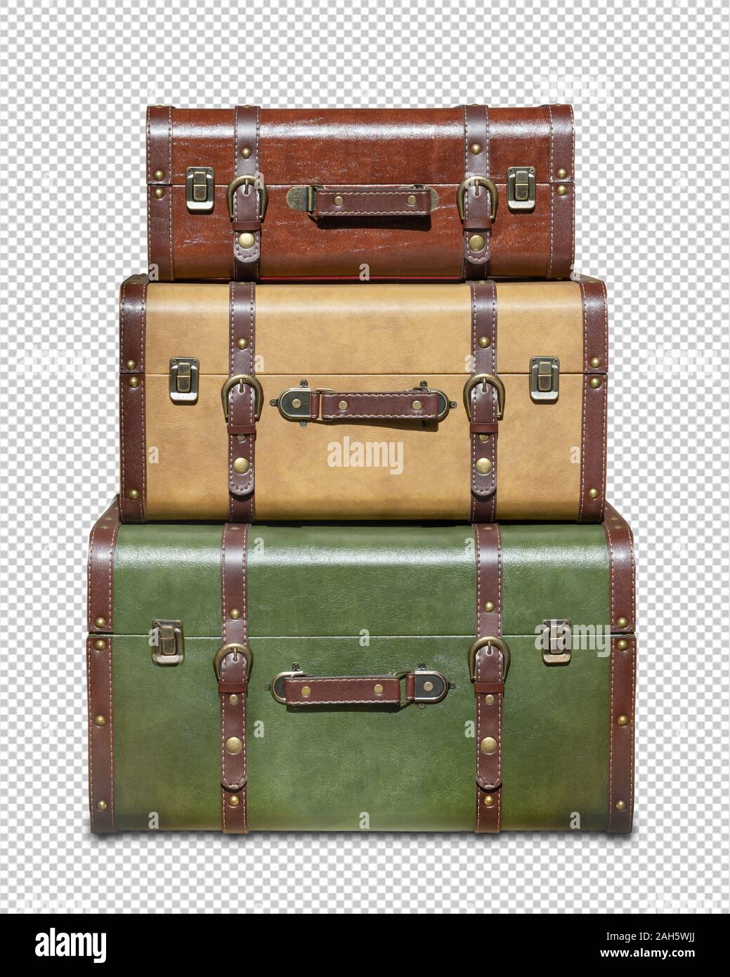 three stacked vintage suitcases isolated from white background Stock Photo