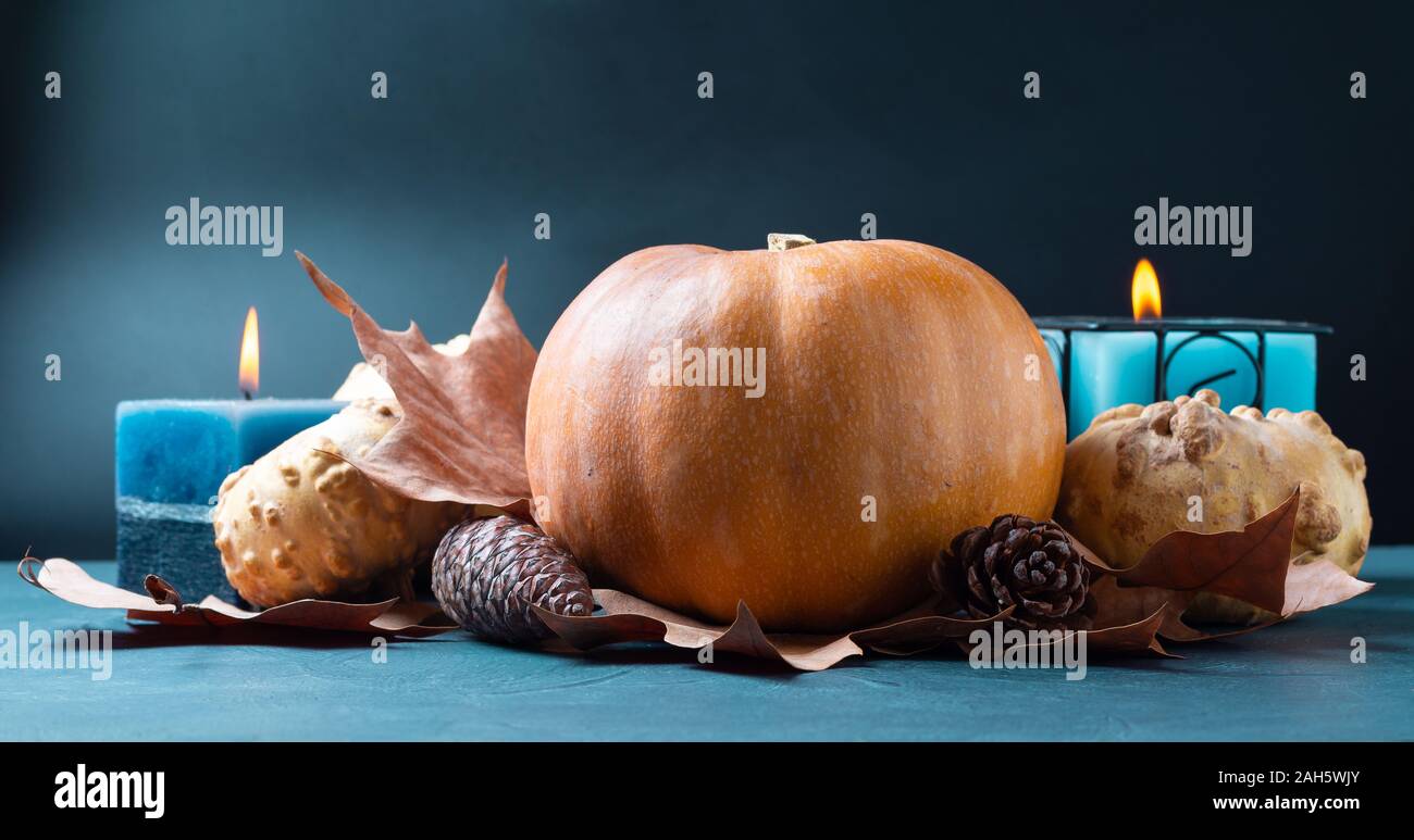 Pumpkin on blue background with candles and autumn leaves and pine ...