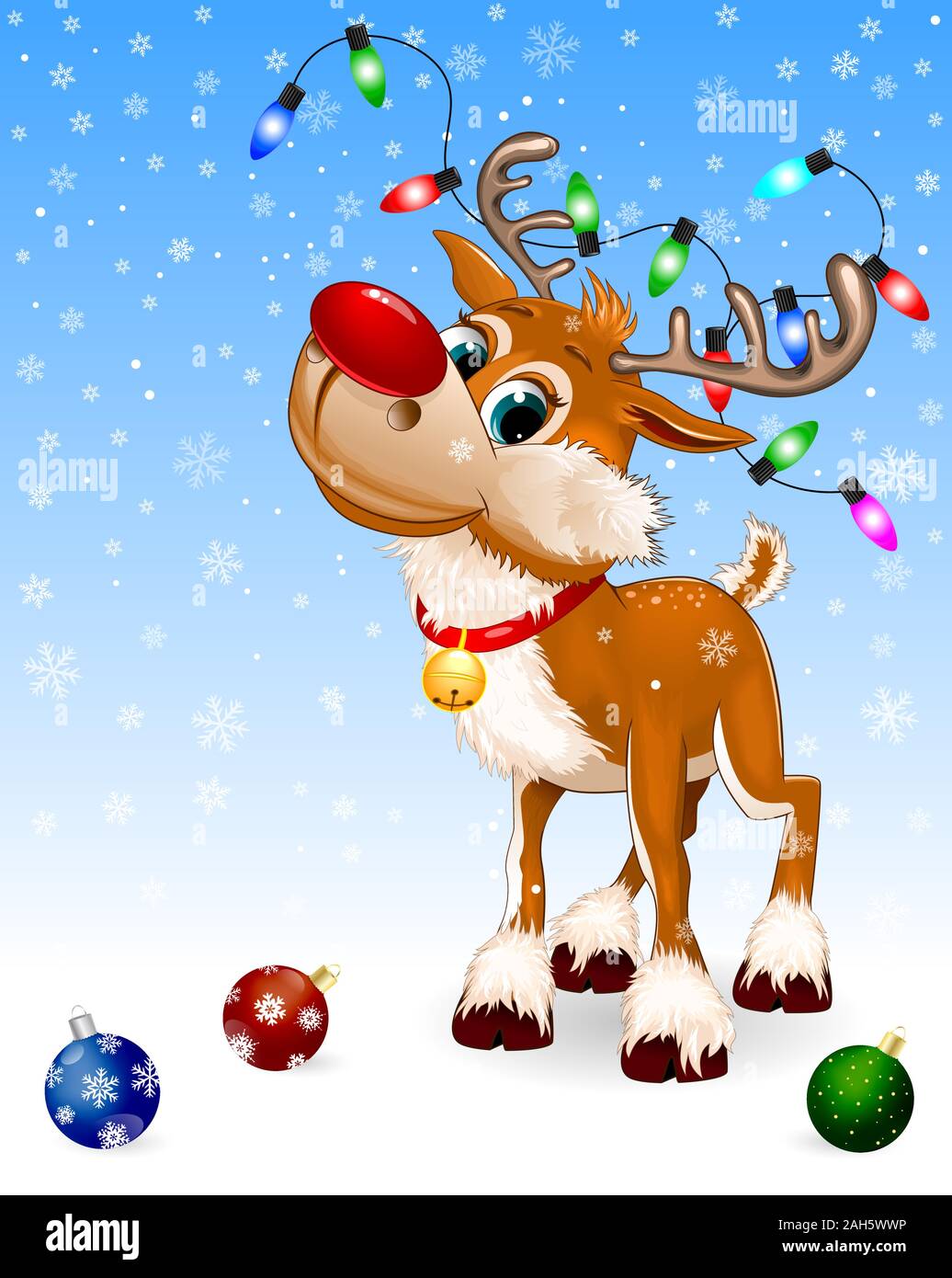 Cute cartoon deer with a red nose and a little bell. Christmas ...