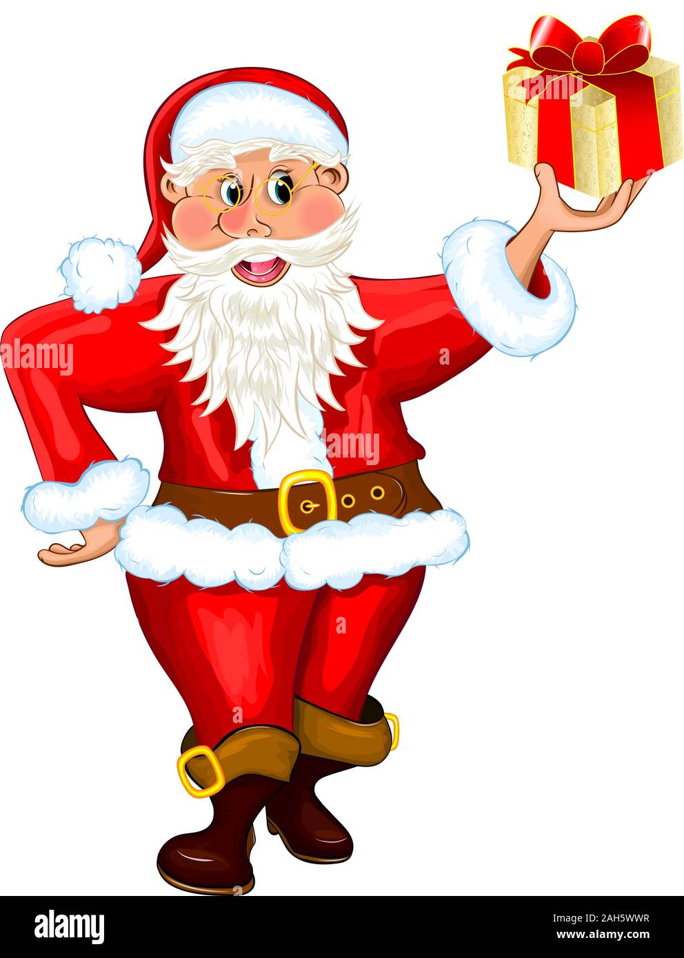Santa Claus holds a gift in his hand. Santa is isolated on a white ...