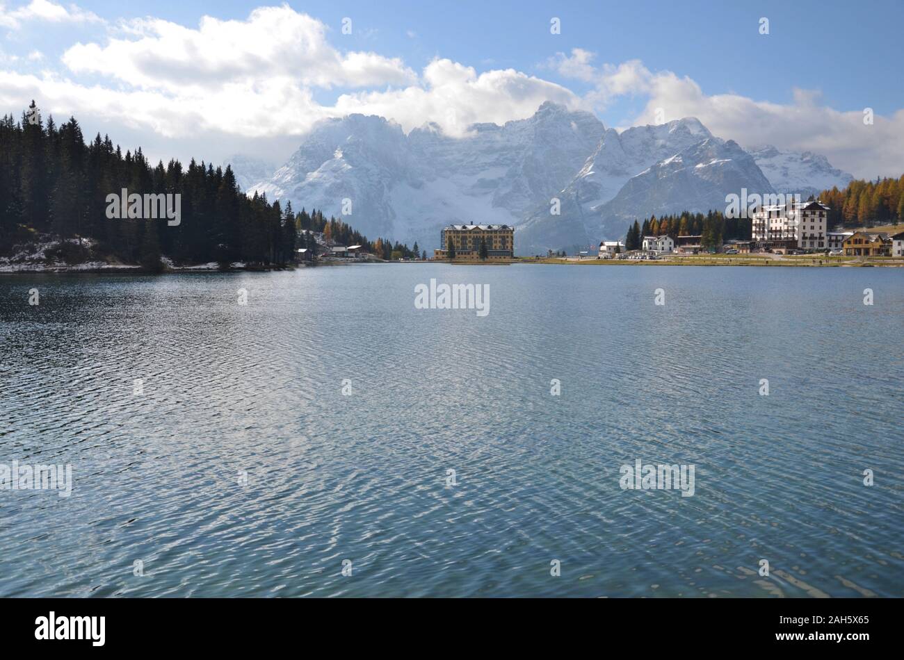 Winter is coming to an end and the ice disappears from the waters of the alpine lake of Misurina Stock Photo