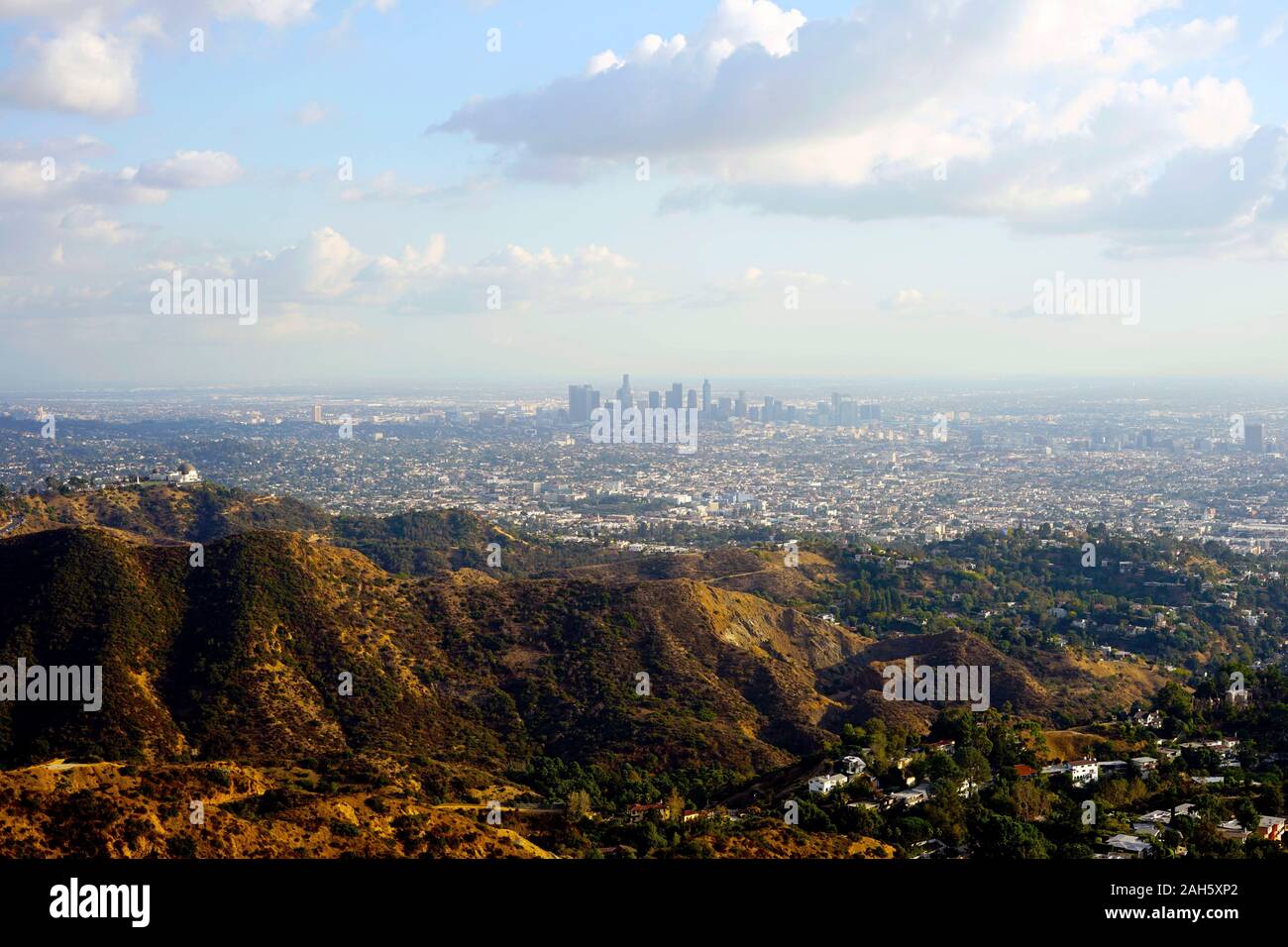 Griffith Observatory and the city of Los Angeles California as seen from Hollywood Hills of the Santa Monica Mountains Stock Photo
