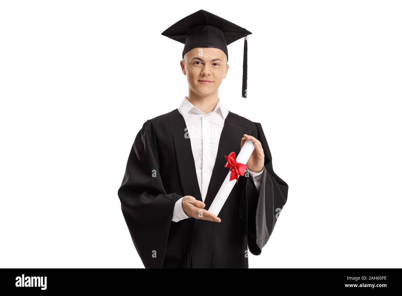 Male student in a graduation gown holding a diploma isolated on white background Stock Photo