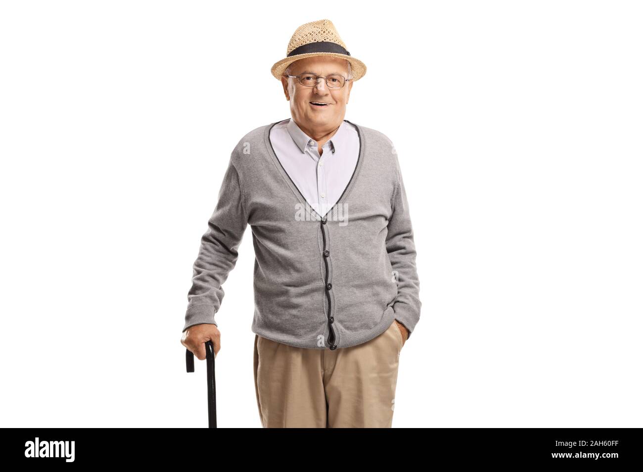Elderly man standing with a cane isolated on white background Stock ...