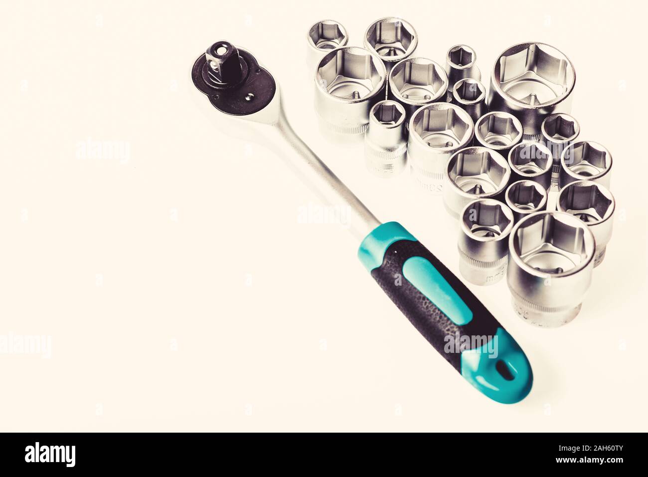 Universal socket set white background isolated. Crafts and repair. Knob