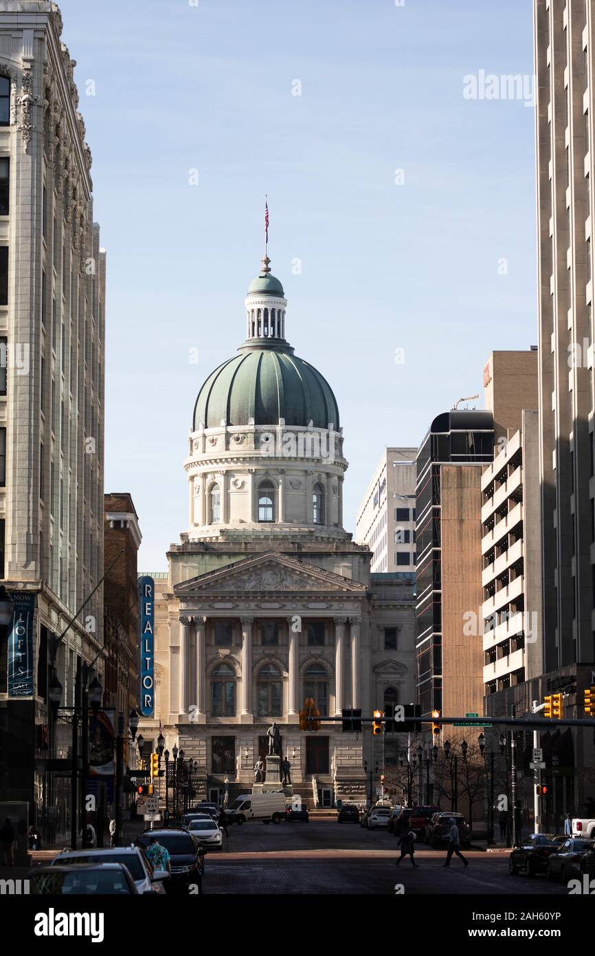 The Indiana Statehouse as viewed from West Market Street in downtown