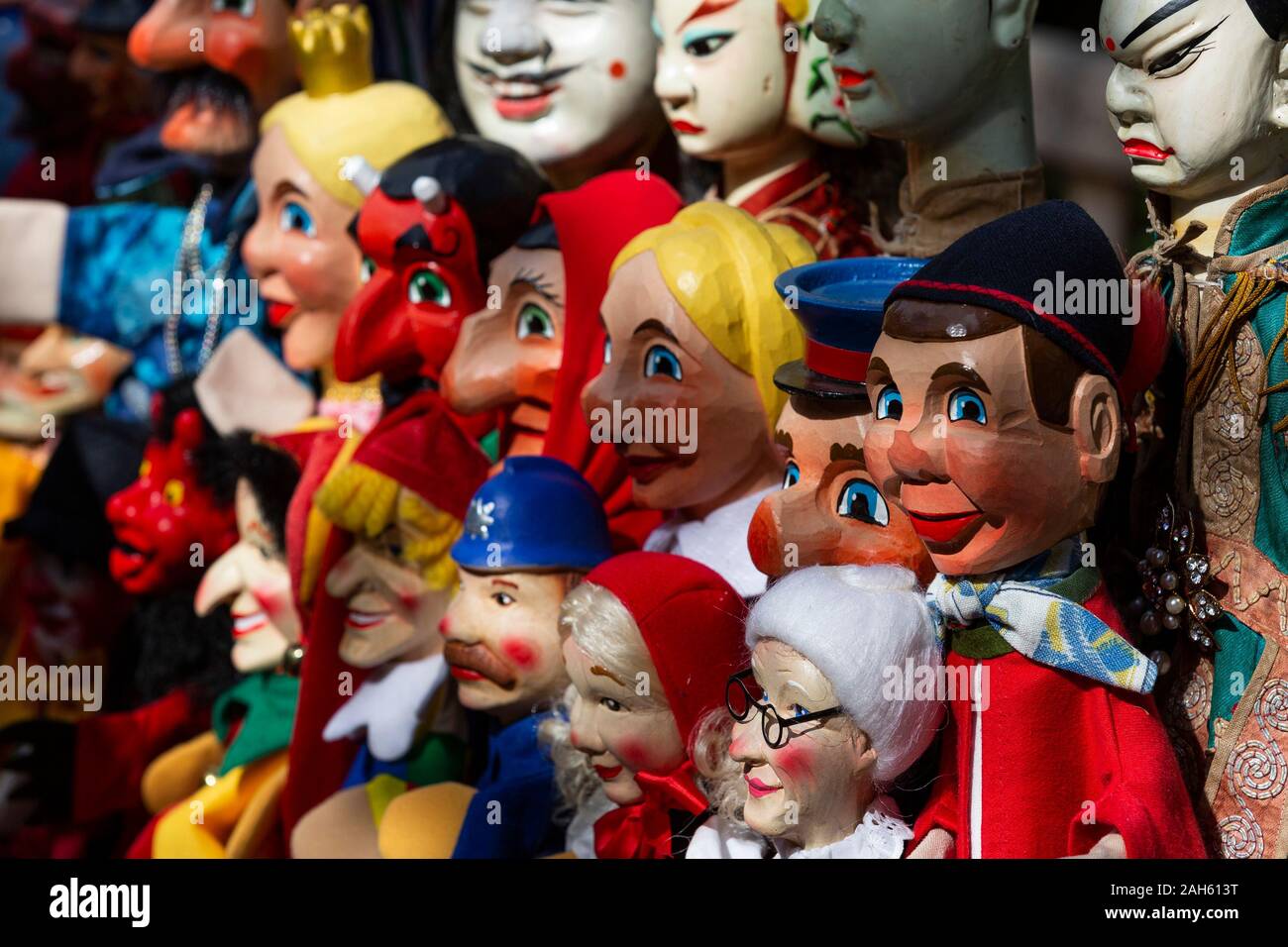 Punch and Judy puppets on sale. The Covent Garden May Fayre and Puppet Festival at St Paul's Church in Covent Garden. Stock Photo