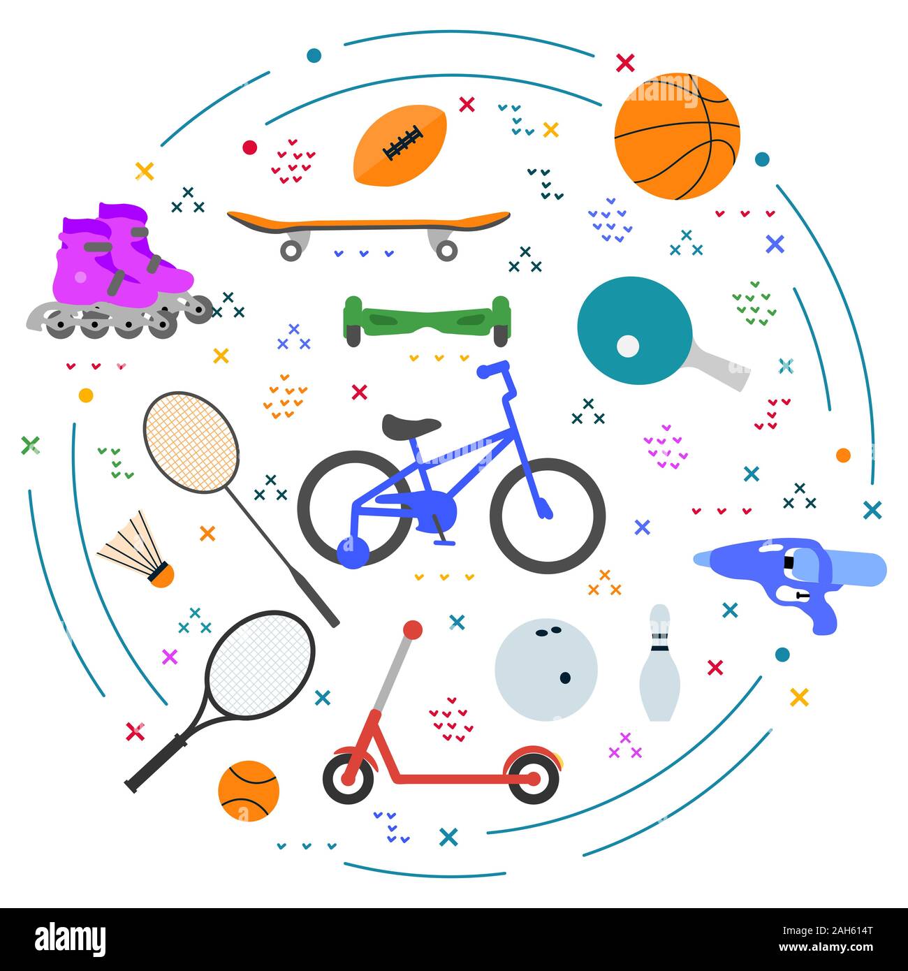Vector illustration Kid sport, gaming items Sporting goods for children