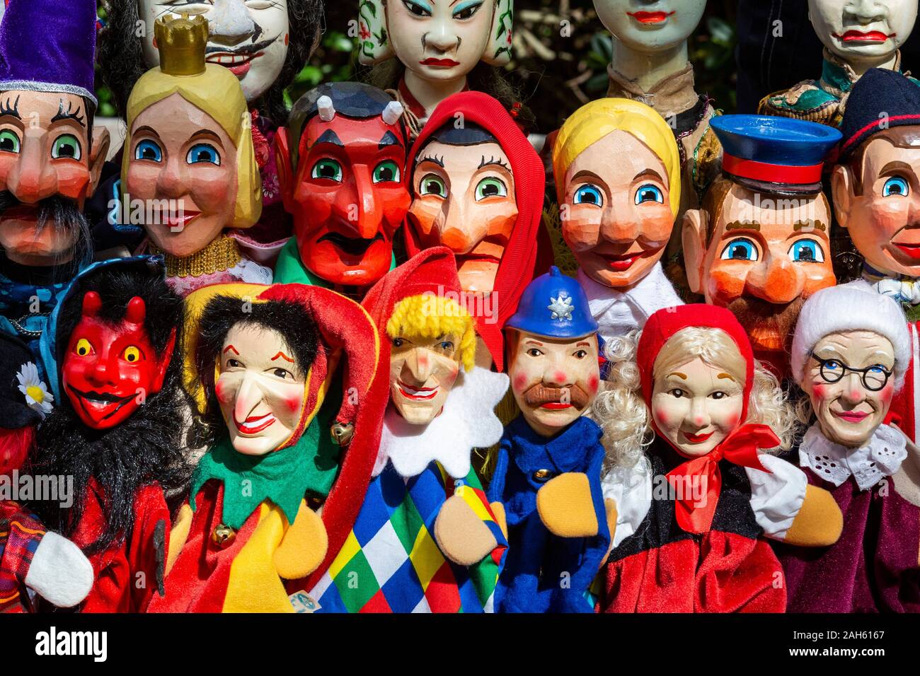 Punch and Judy puppets on sale. The Covent Garden May Fayre and Puppet Festival at St Paul's Church in Covent Garden. Stock Photo