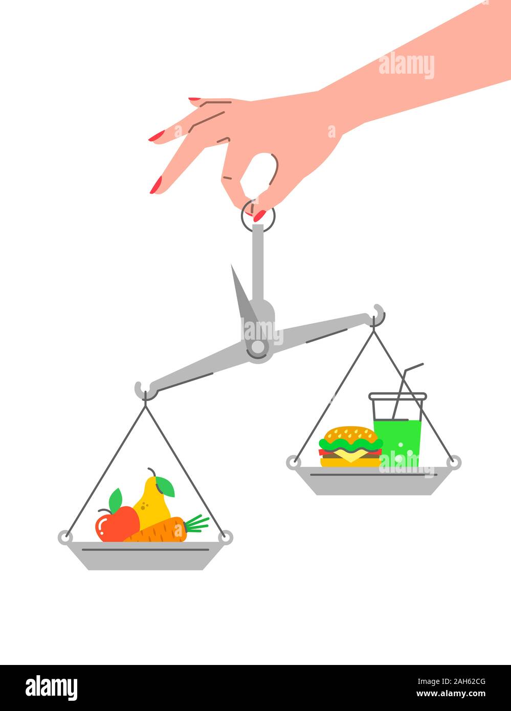 Fruits vs fast food concept. Healthy lifestyle flat vector conceptual illustration. Weight loss challenge. Balance scales with vegetables and hamburge Stock Vector
