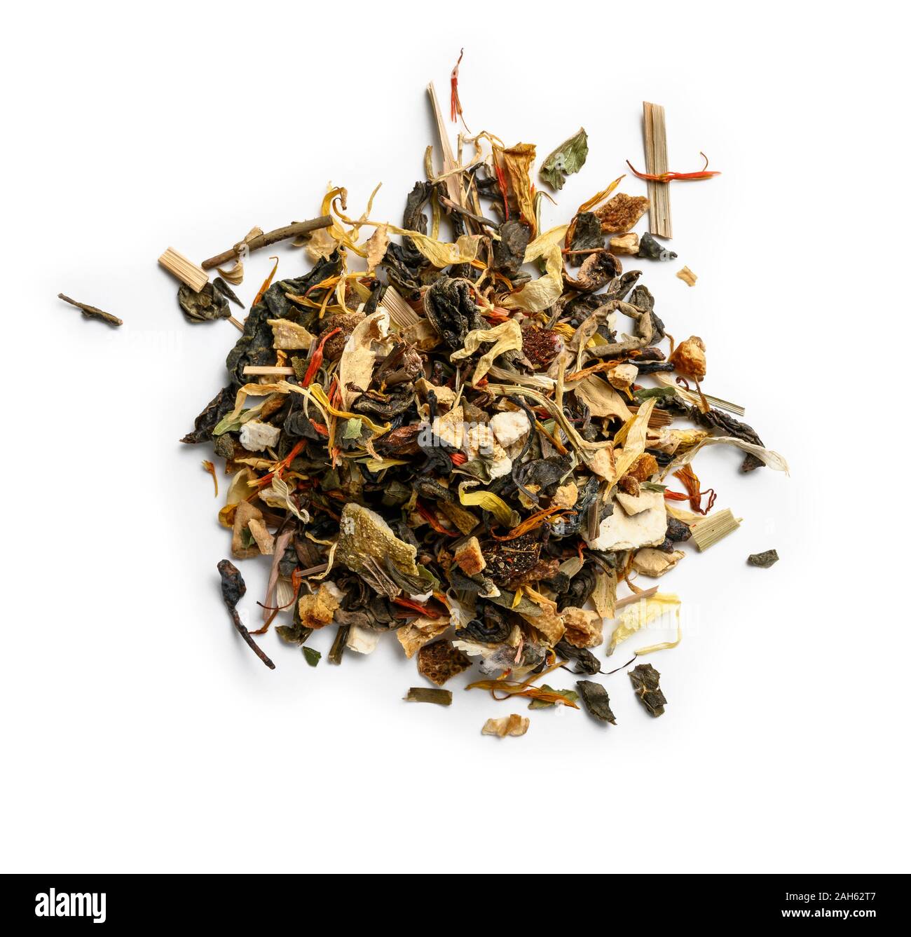 Green tea with aromatic additives. Top view on white background Stock ...