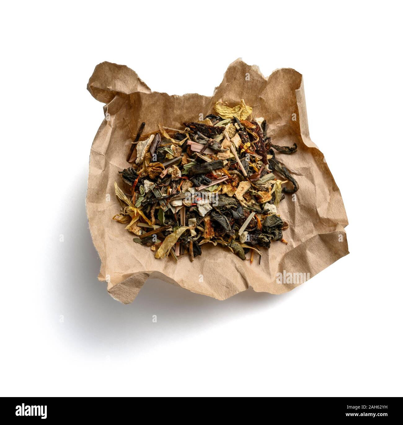 Green tea with aromatic additives. Top view on white background Stock ...