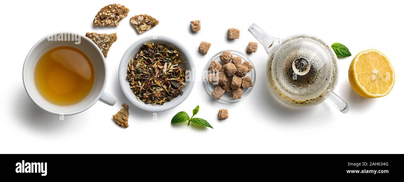 Green tea with natural aromatic additives and accessories. Top view on ...