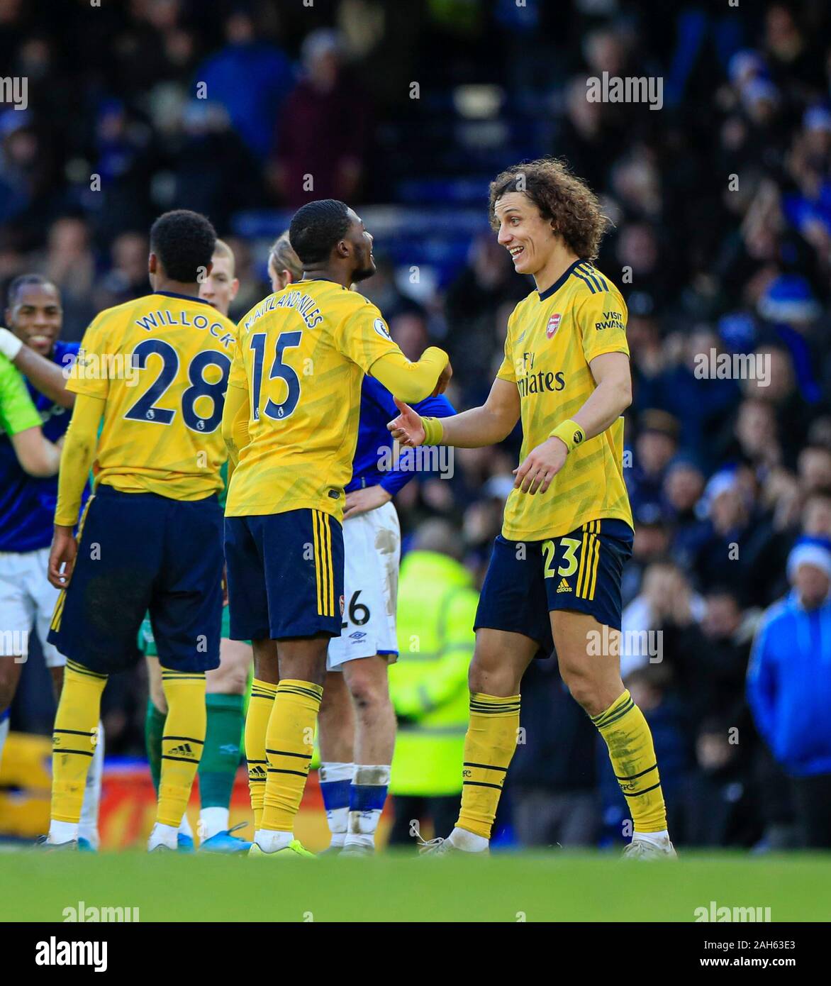 21st December 2019, Goodison Park, Liverpool, England; Premier League, Everton v Arsenal : David Luiz (23) of Arsenal looks pleased with the draw at the end of the game Credit: Conor Molloy/News Images Stock Photo